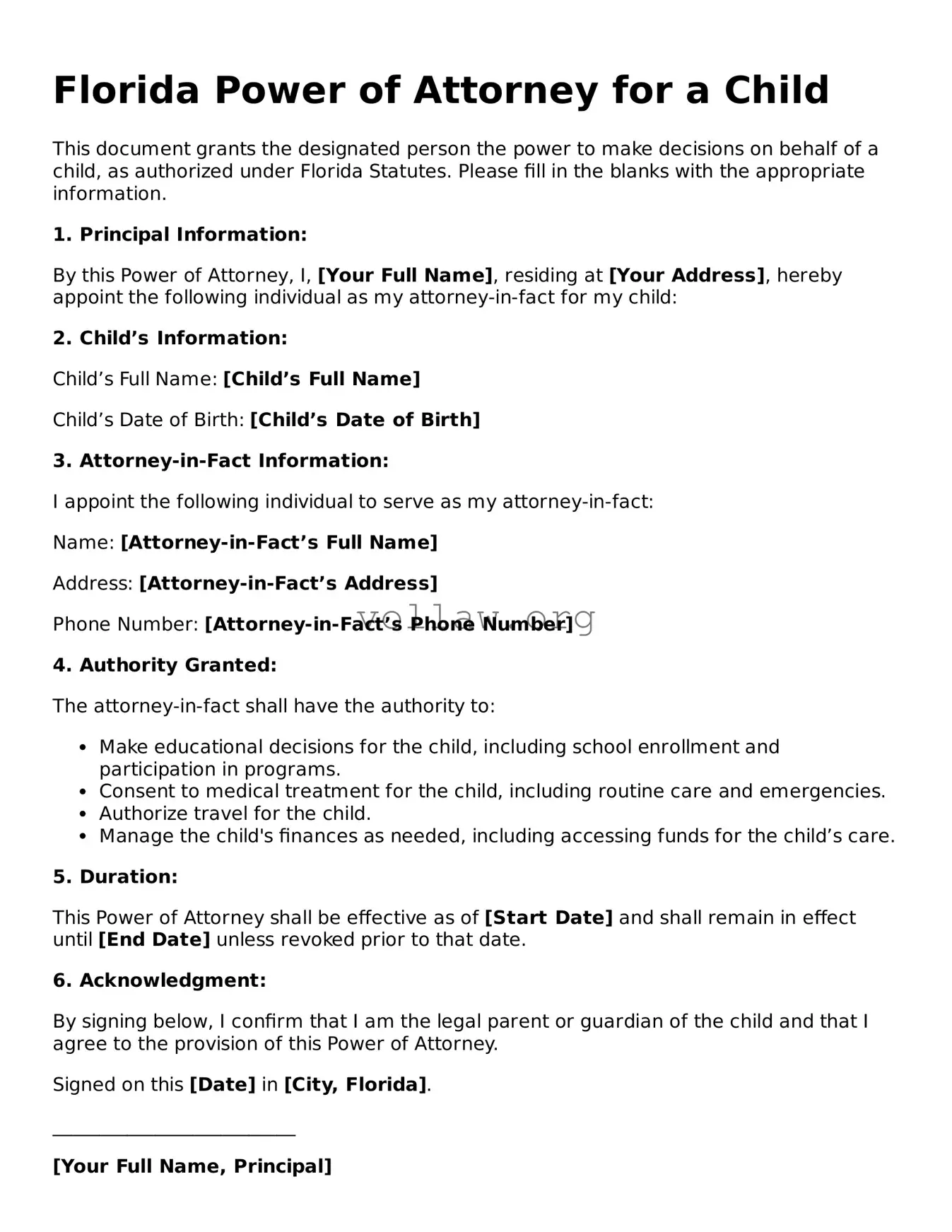 Attorney-Verified  Power of Attorney for a Child Form for Florida