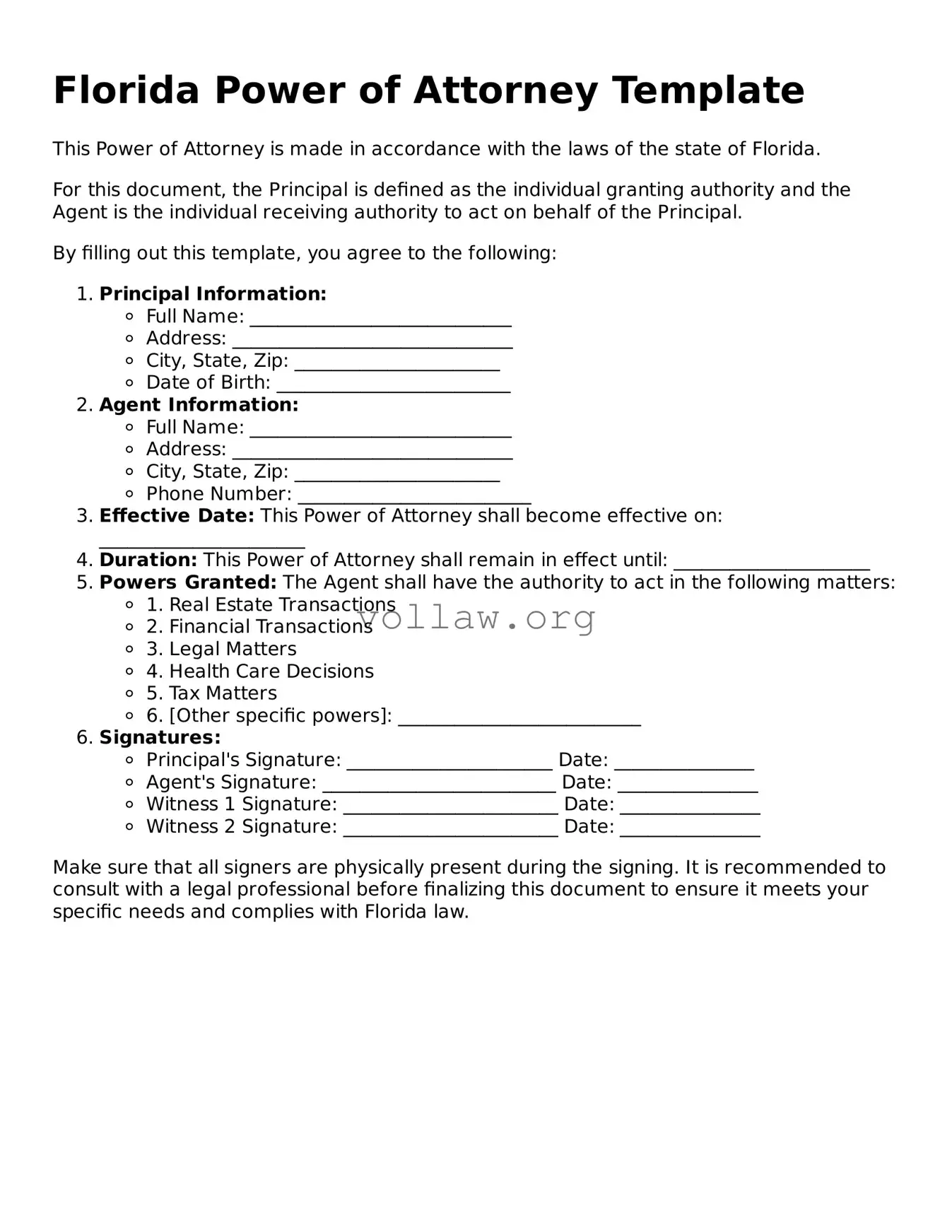 Attorney-Verified  Power of Attorney Form for Florida