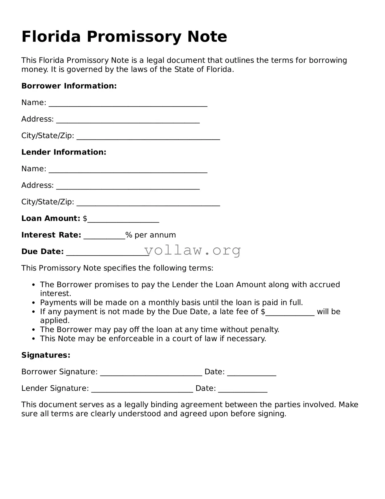 Attorney-Verified  Promissory Note Form for Florida