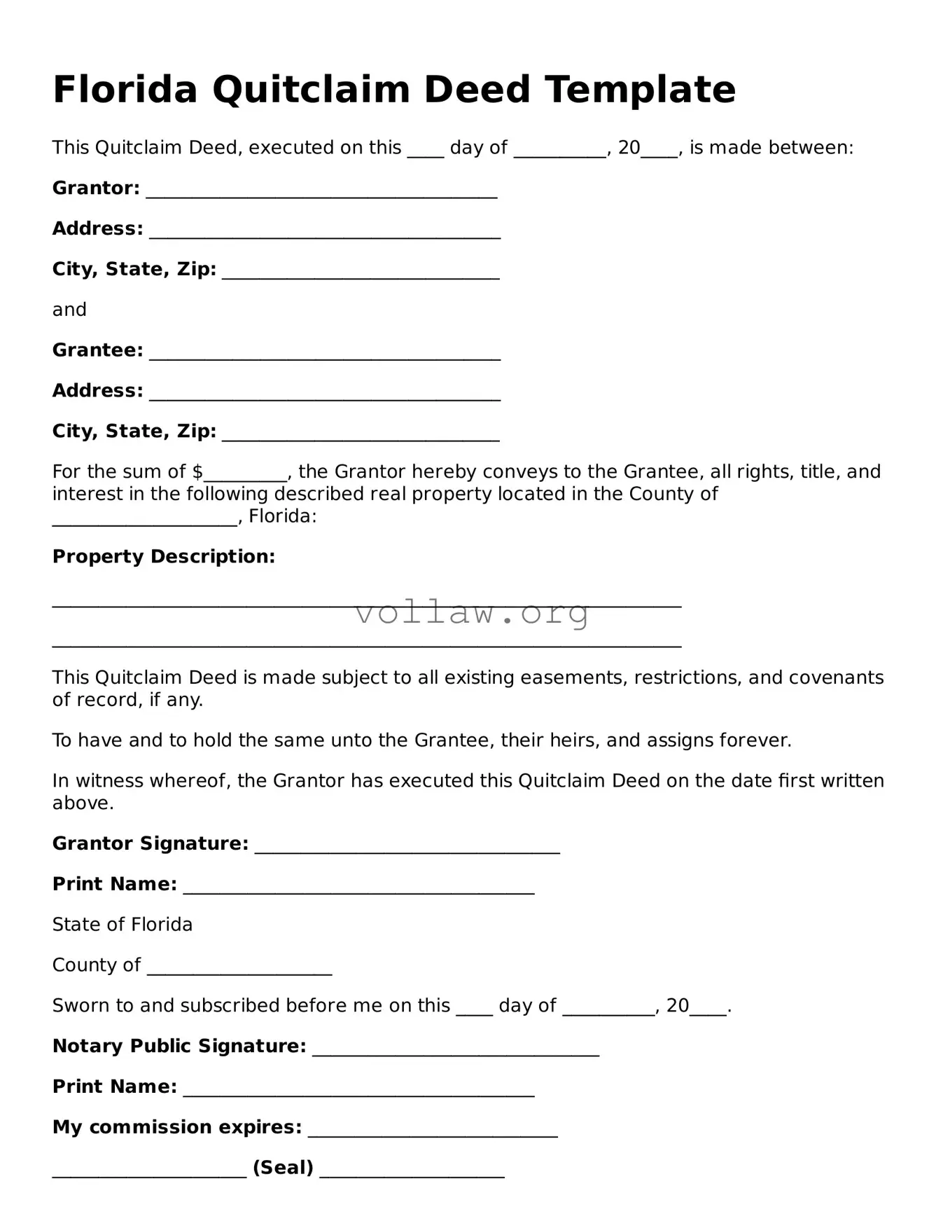 Attorney-Verified  Quitclaim Deed Form for Florida