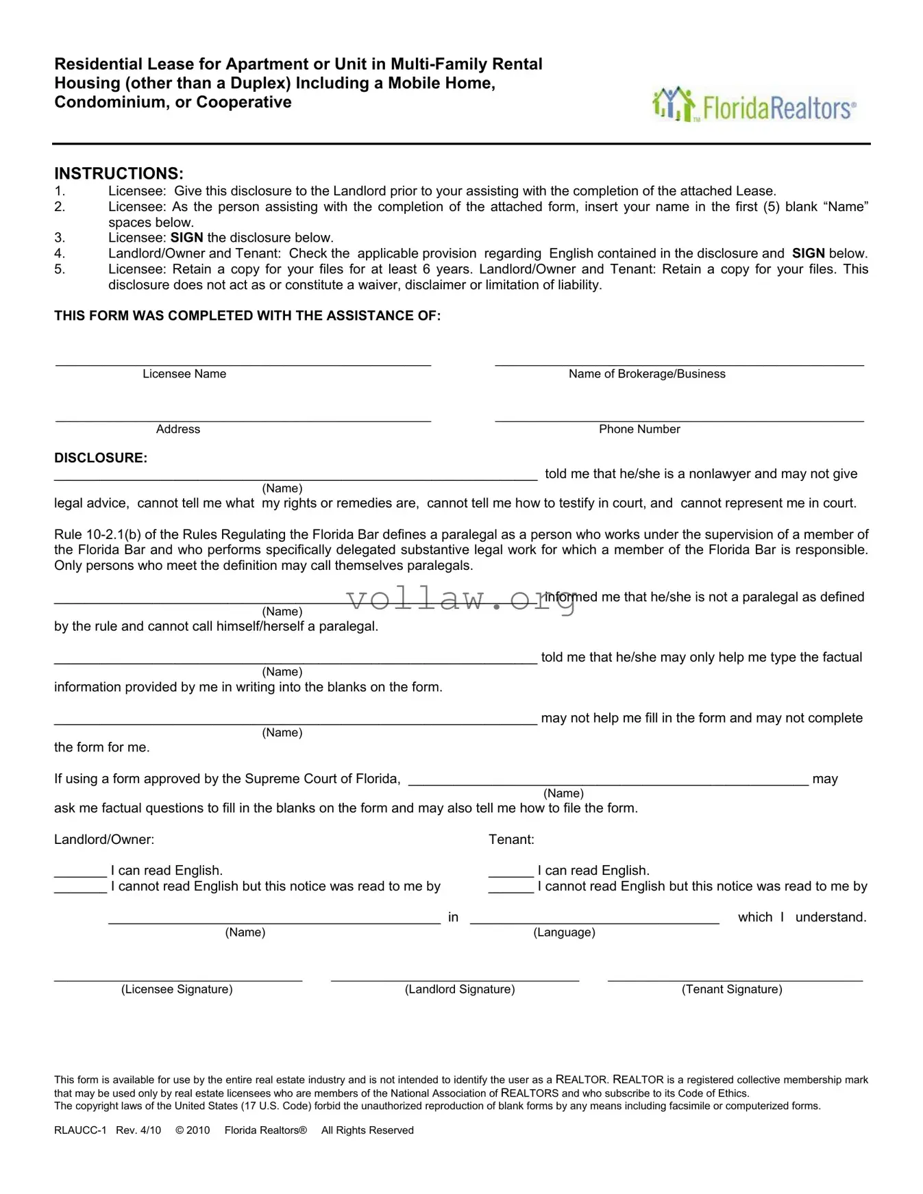 Florida Realtors Residential Lease Template