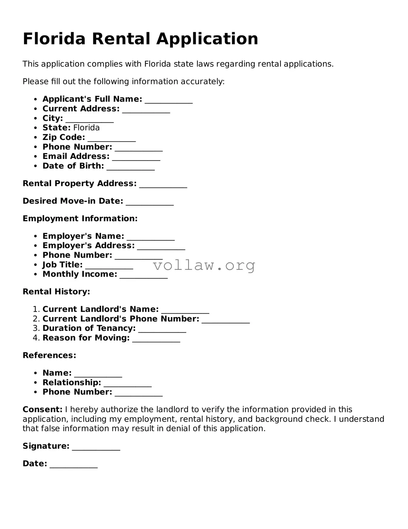 Attorney-Verified  Rental Application Form for Florida