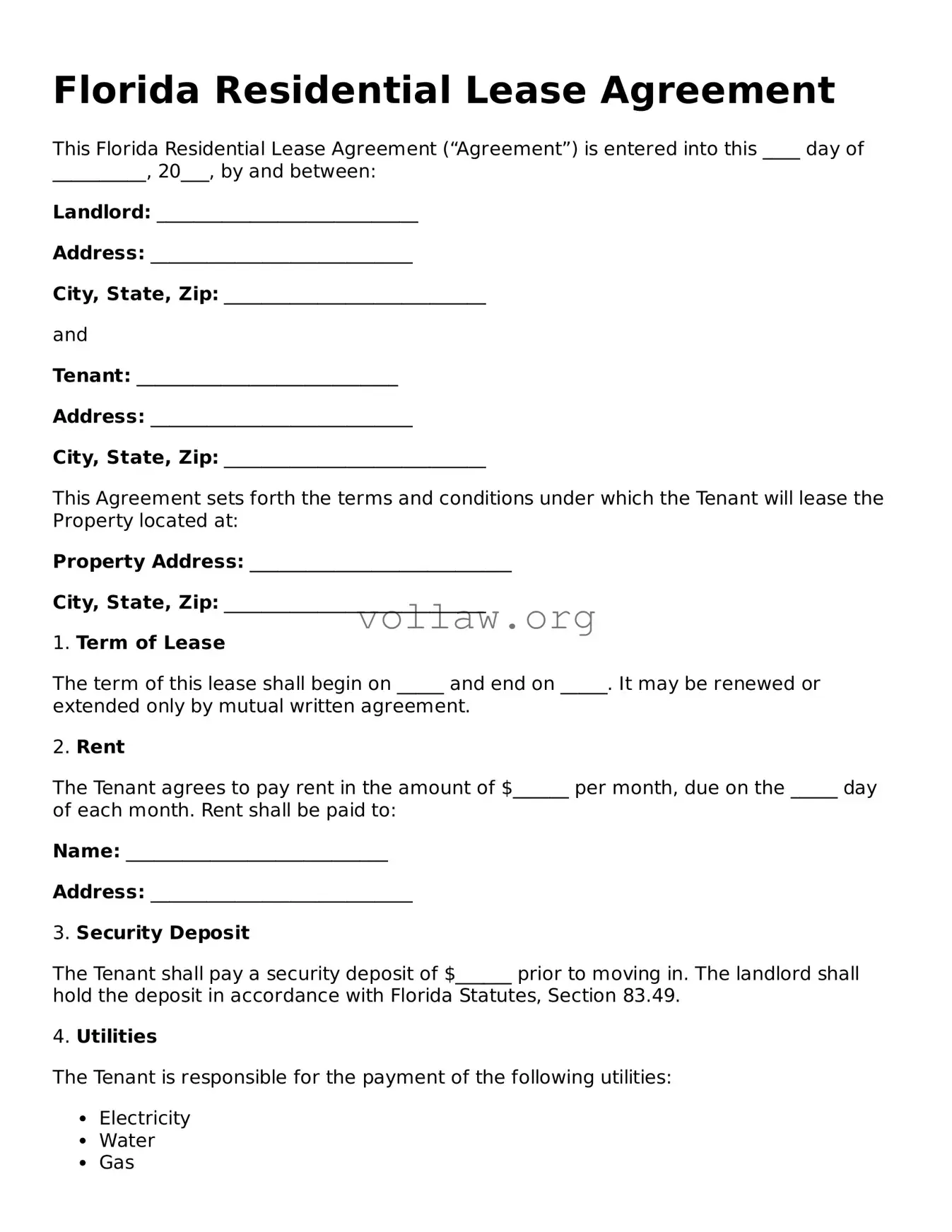 Attorney-Verified  Residential Lease Agreement Form for Florida