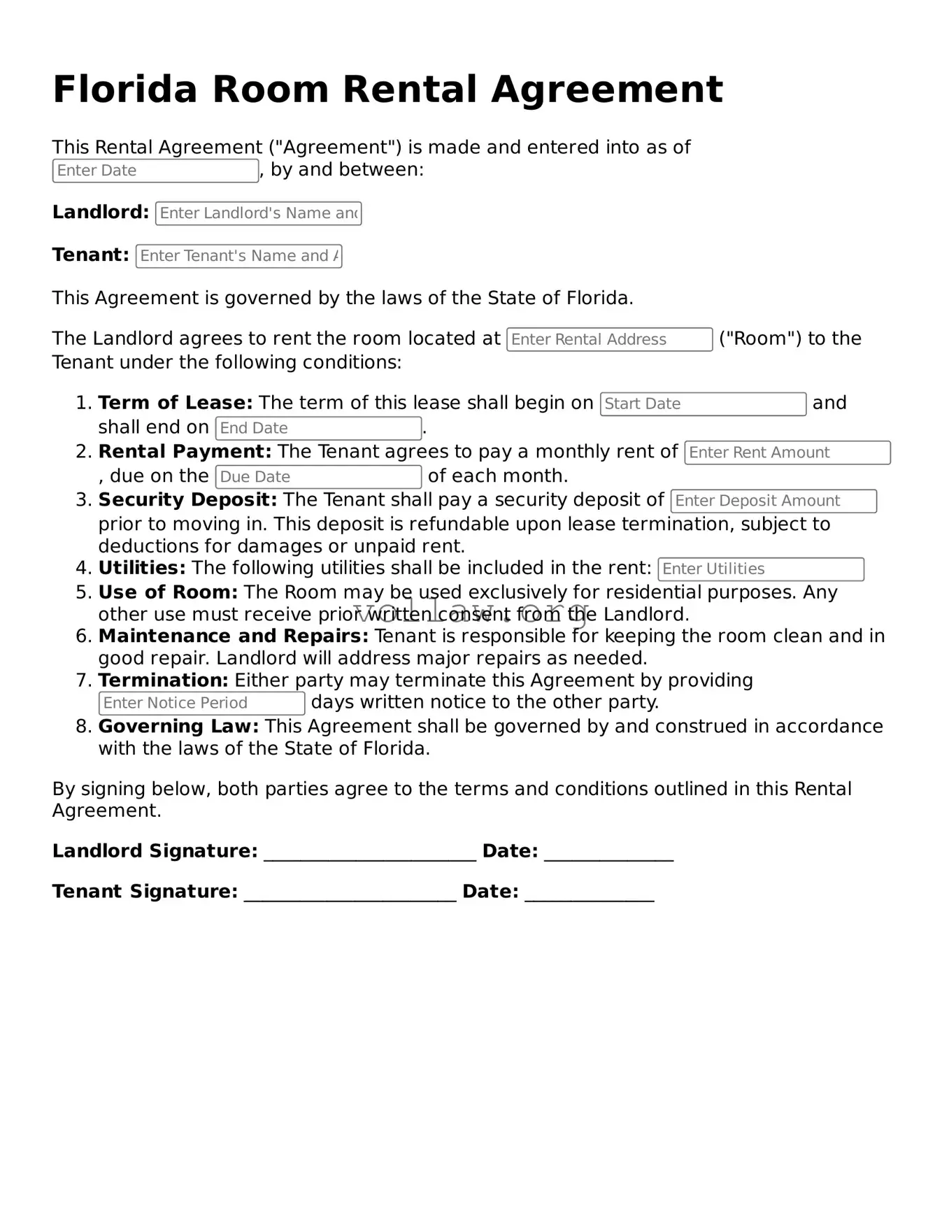 Attorney-Verified  Room Rental Agreement Form for Florida