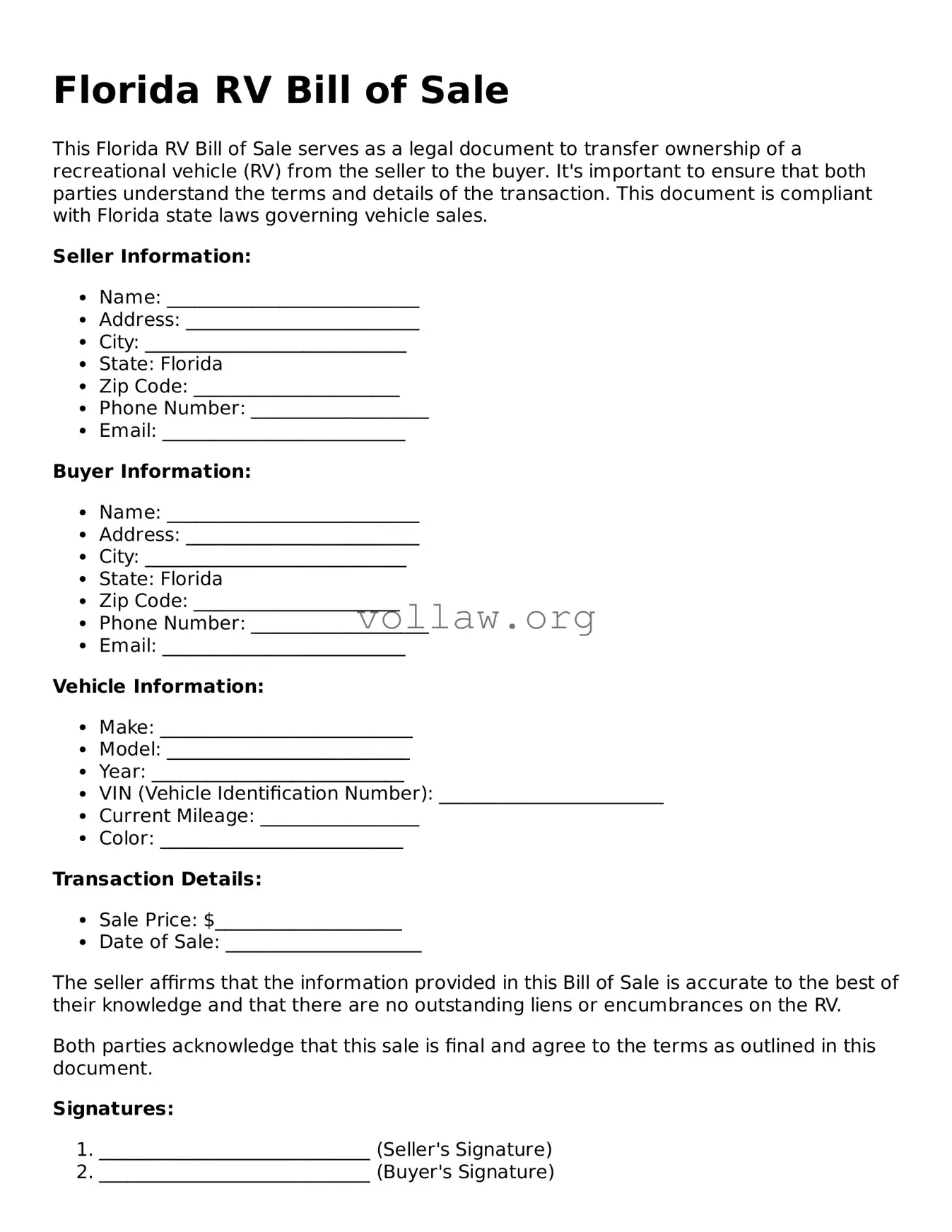 Attorney-Verified  RV Bill of Sale Form for Florida