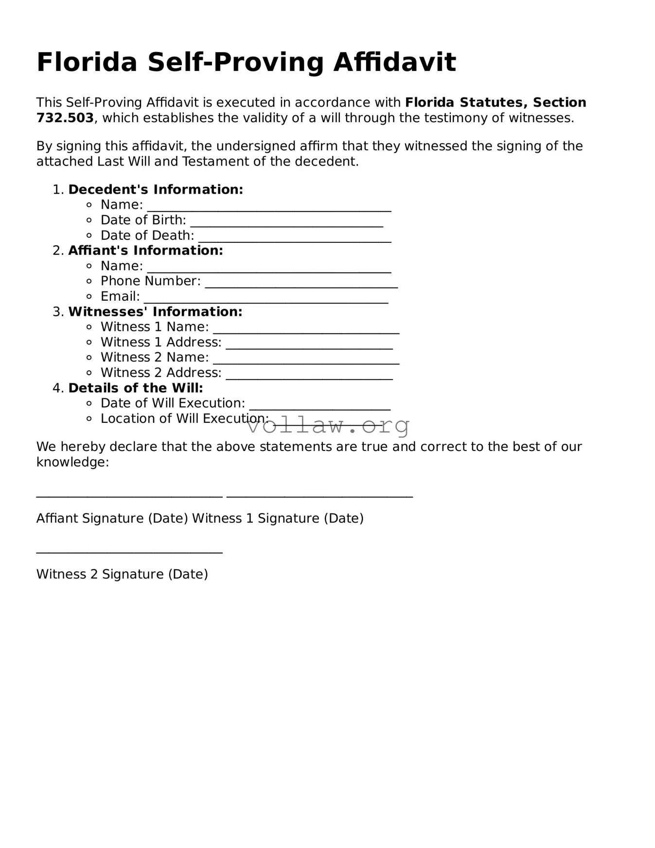 Attorney-Verified  Self-Proving Affidavit Form for Florida