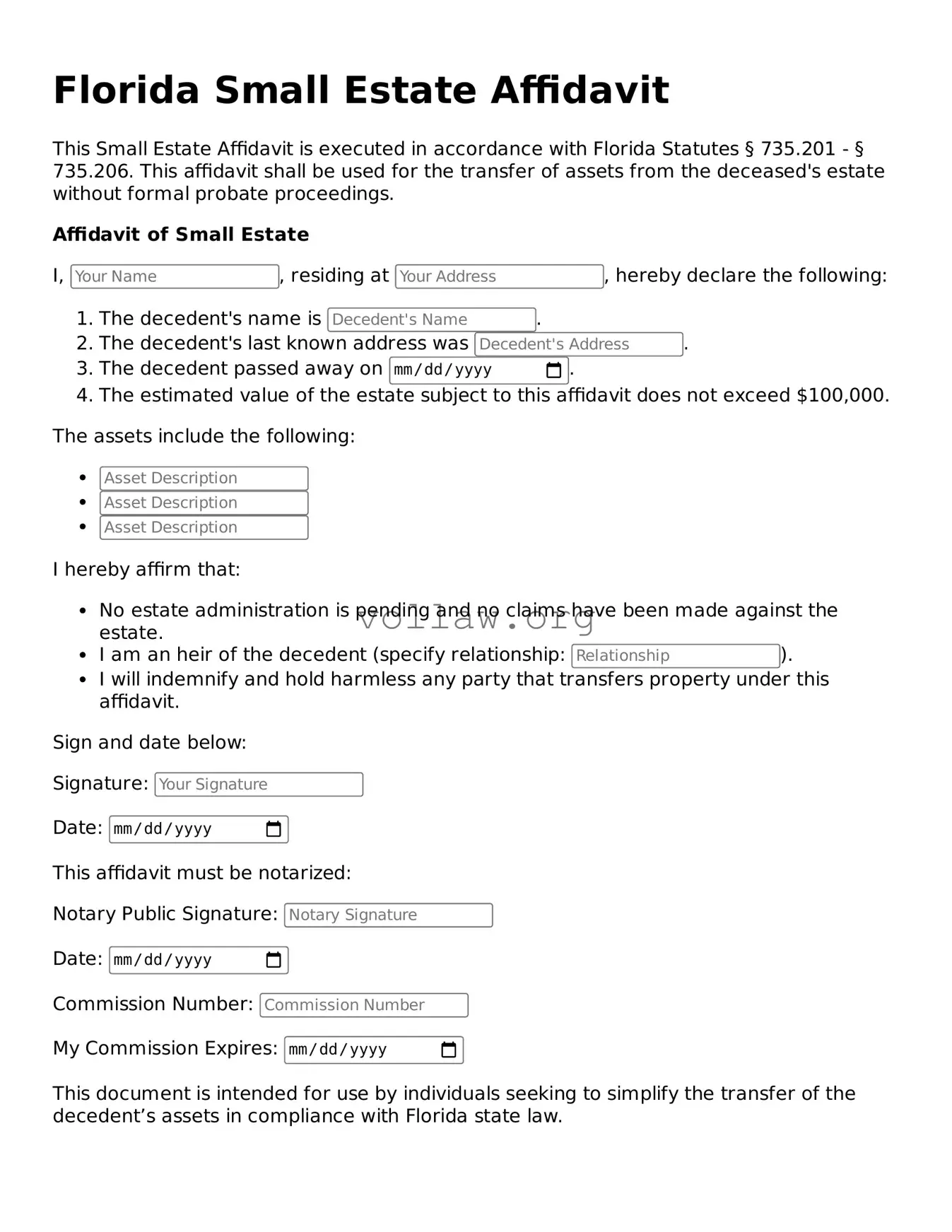 Attorney-Verified  Small Estate Affidavit Form for Florida