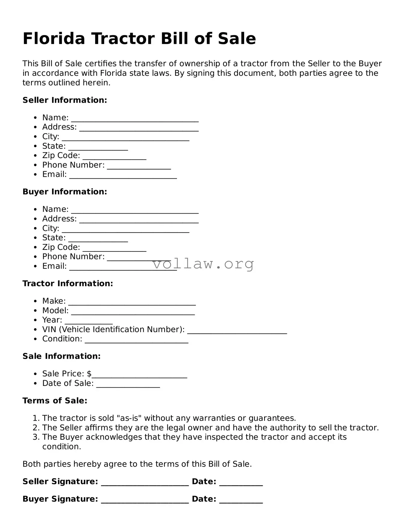 Attorney-Verified  Tractor Bill of Sale Form for Florida
