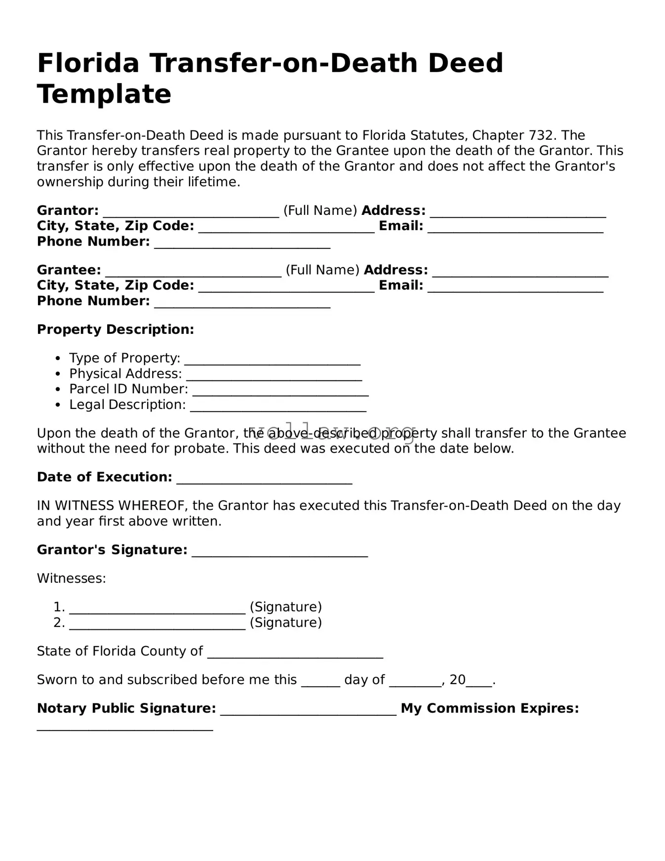 Attorney-Verified  Transfer-on-Death Deed Form for Florida