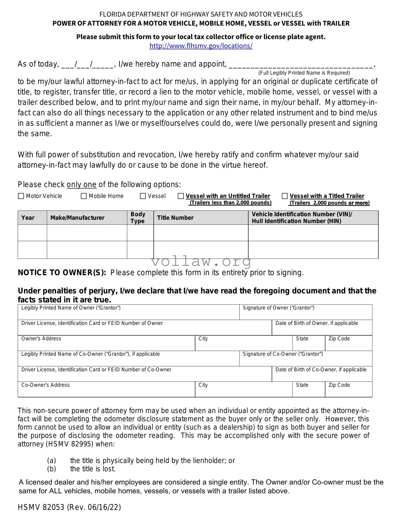 Florida Vehicle POA form 82053 Template