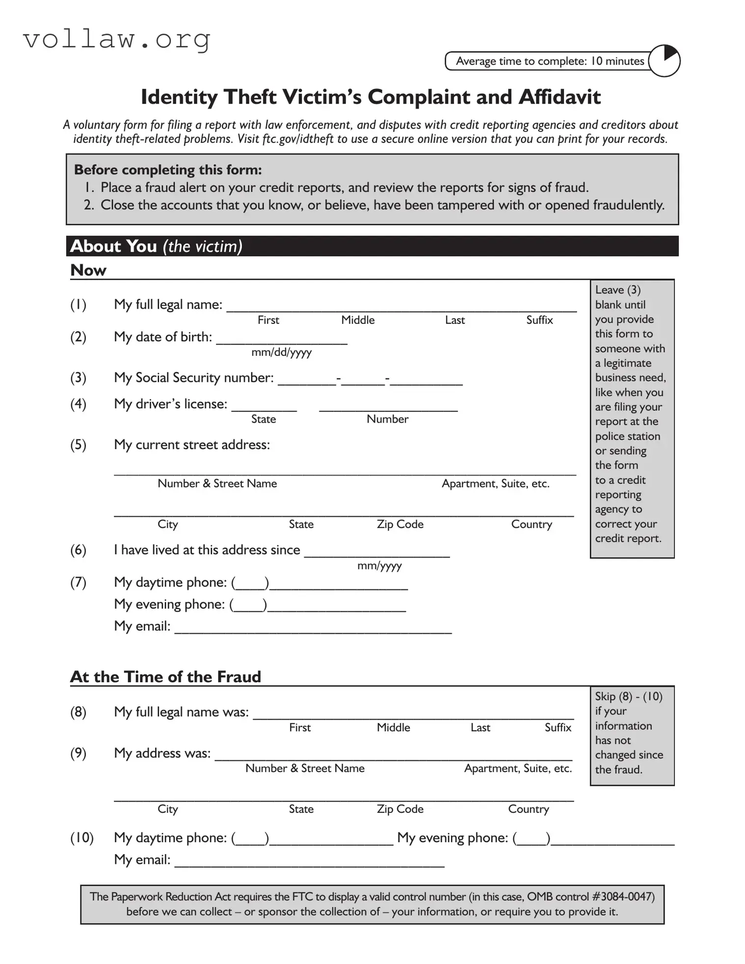 Ftc Identity Theft Affidavit Template