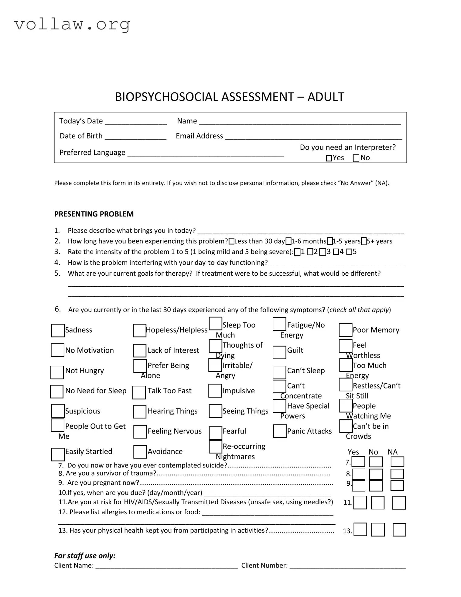 Biopsychosocial Assessment Social Work Template