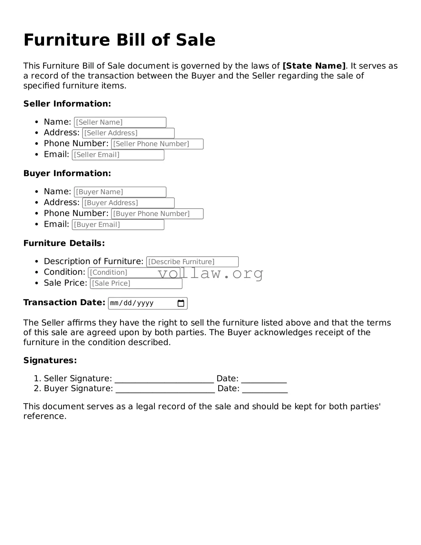 Free Furniture Bill of Sale Form