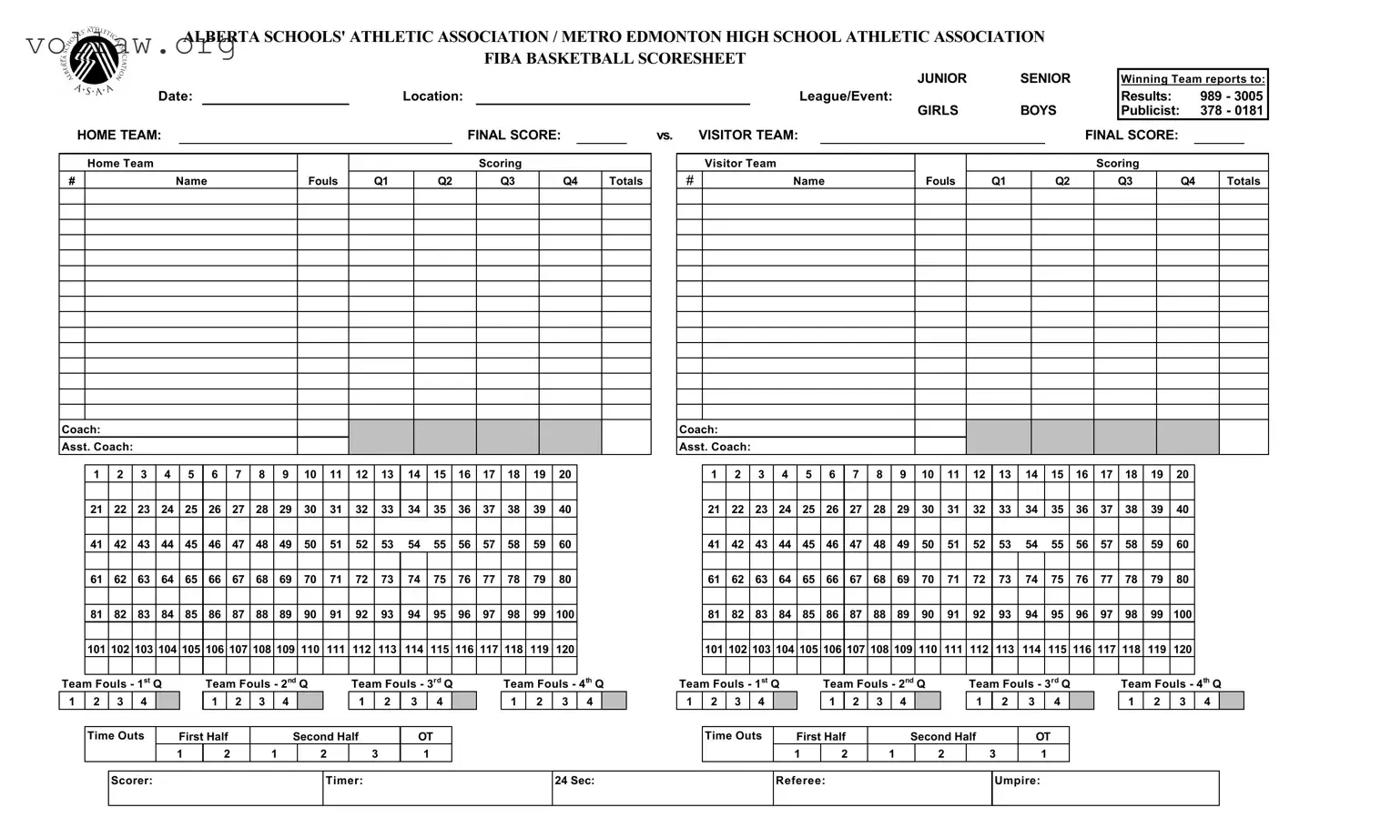Basketball Scoresheet Template