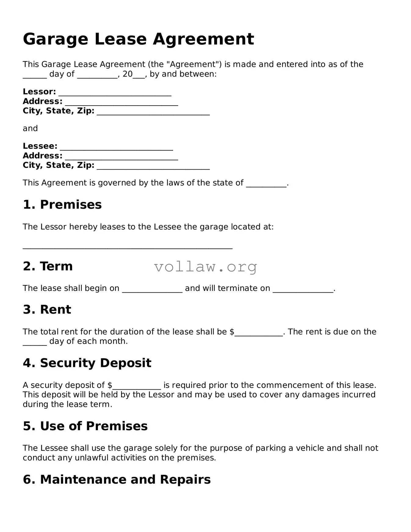 Free Garage Lease Agreement Form