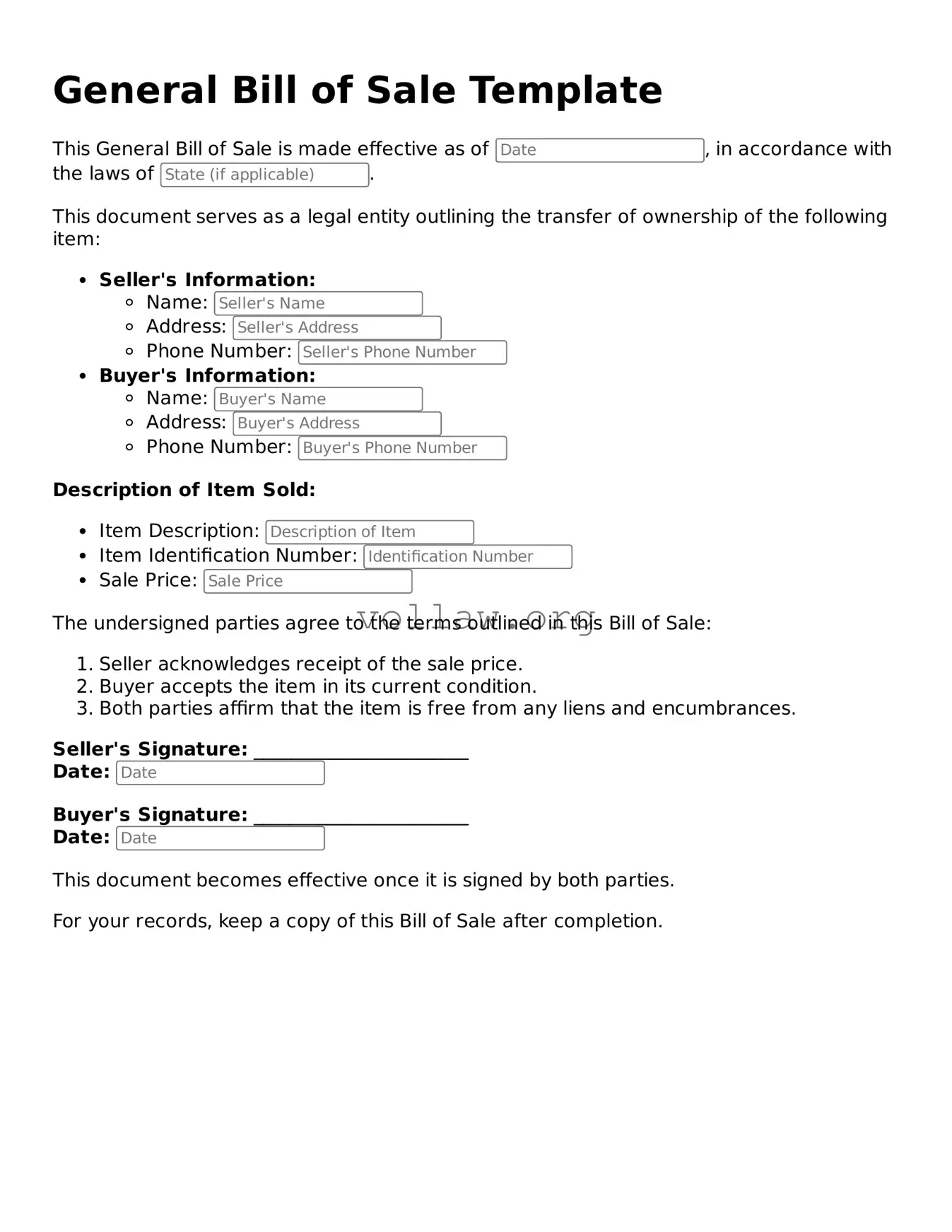 Free General Bill of Sale Form