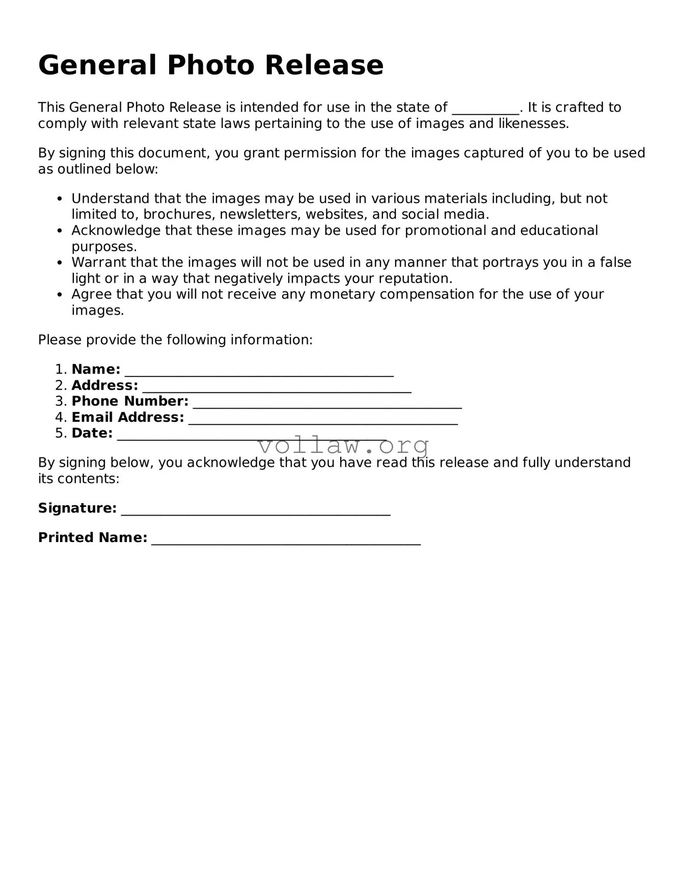 Free General Photo Release Form