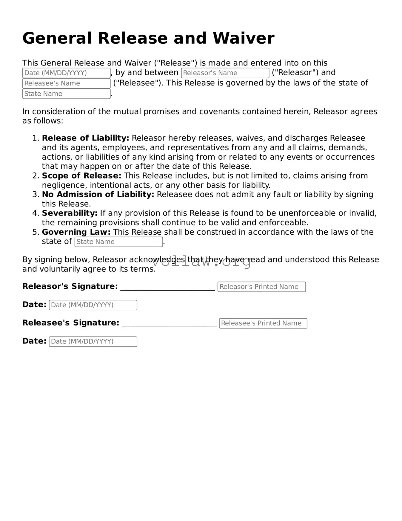 Free General Release and Waiver Form