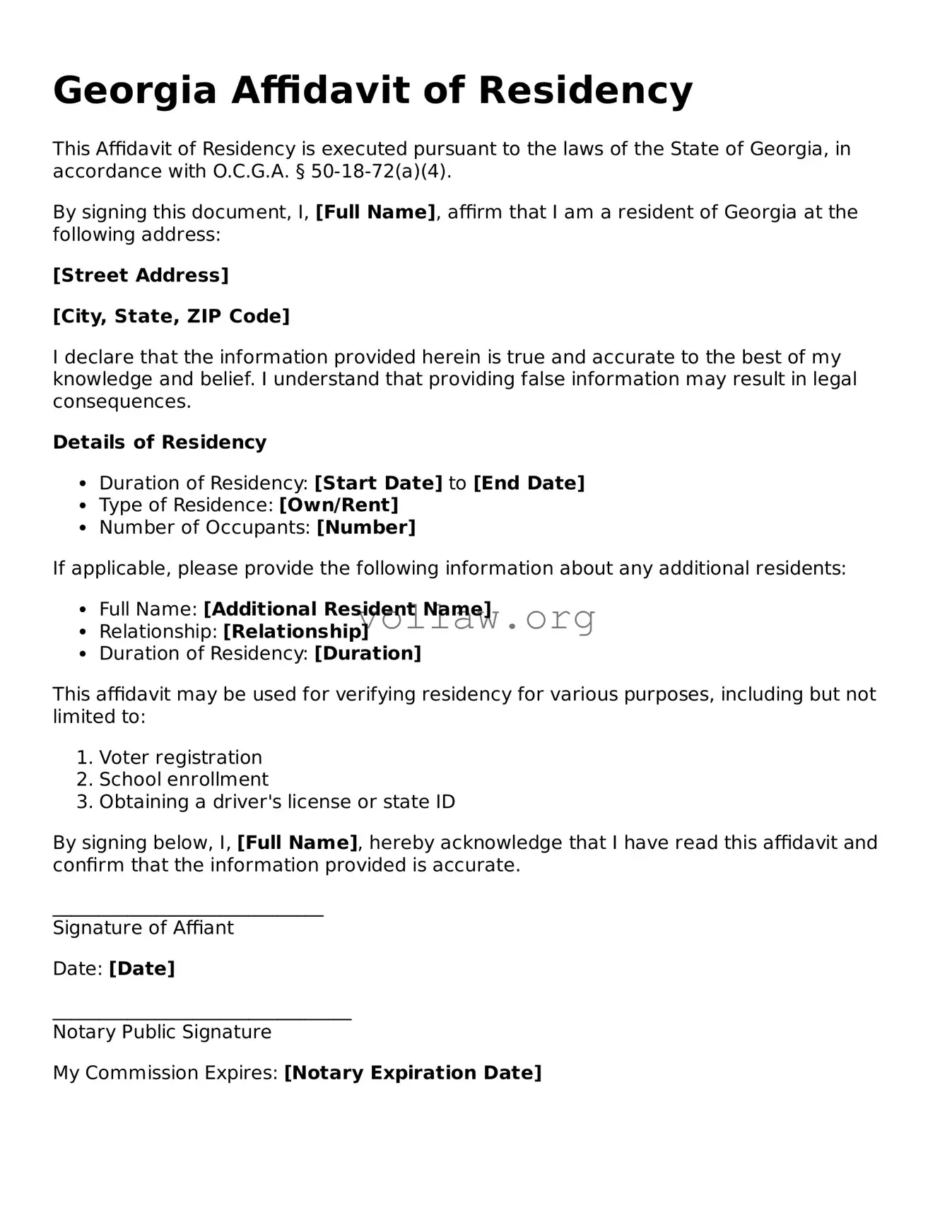 Attorney-Verified  Affidavit of Residency Form for Georgia