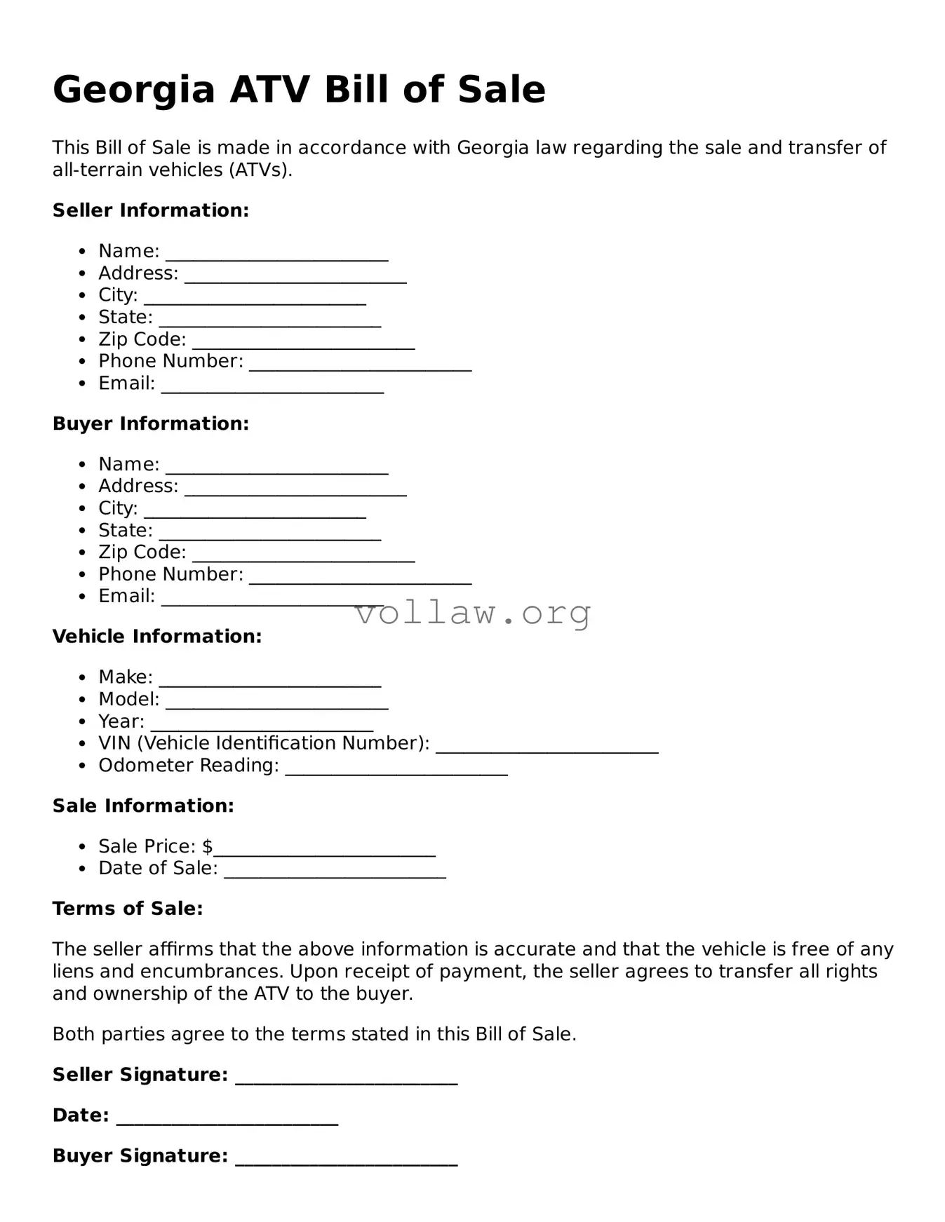 Attorney-Verified  ATV Bill of Sale Form for Georgia