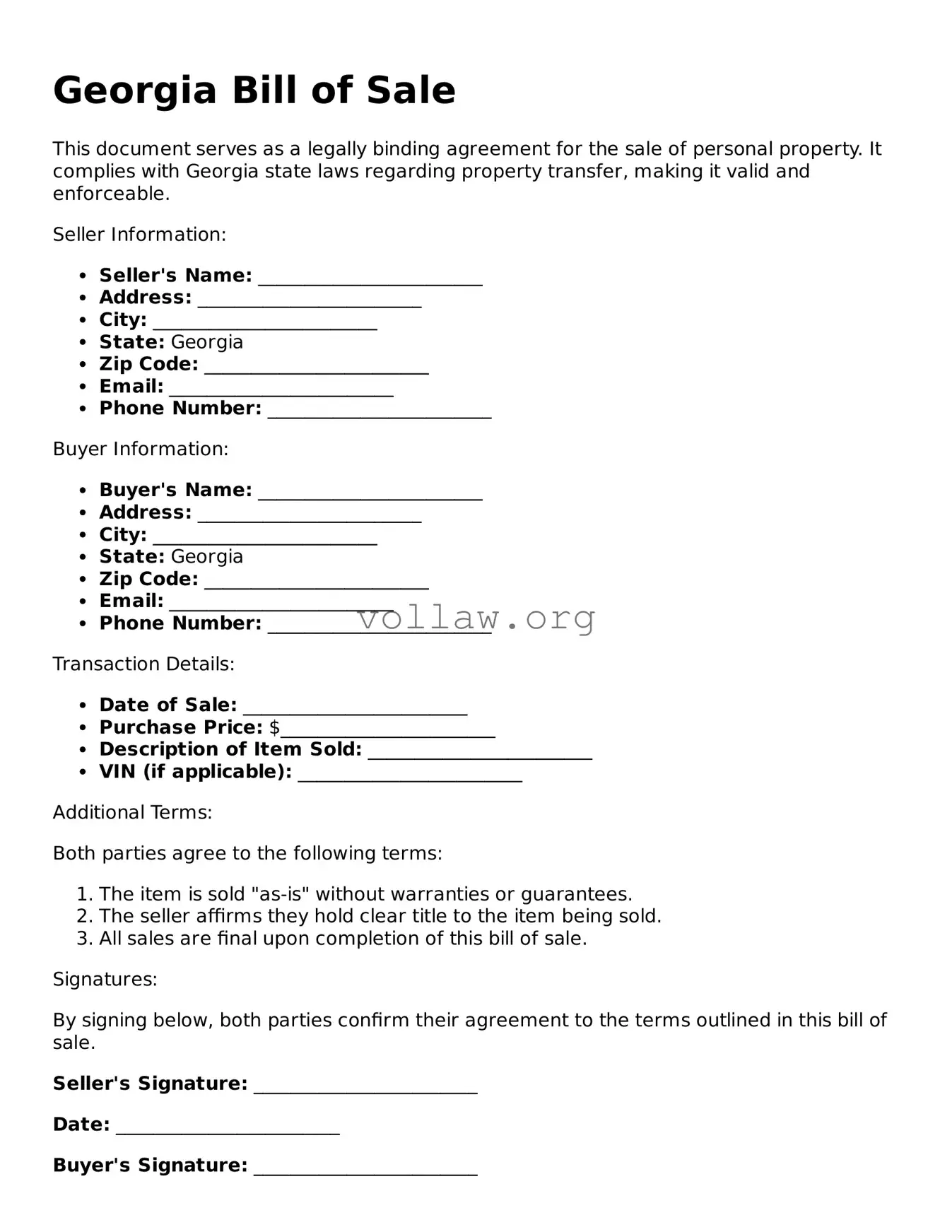 Attorney-Verified  Bill of Sale Form for Georgia