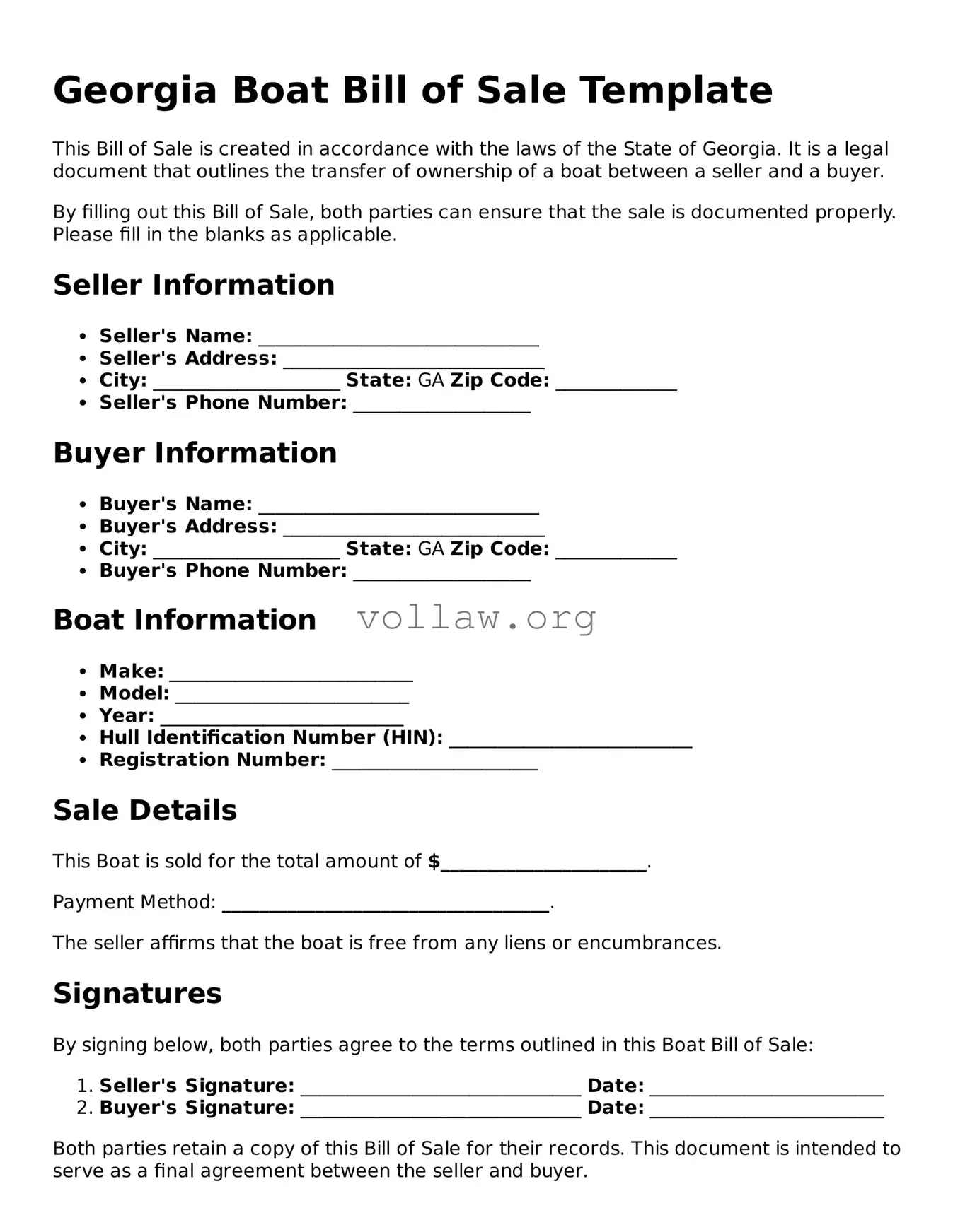 Attorney-Verified  Boat Bill of Sale Form for Georgia