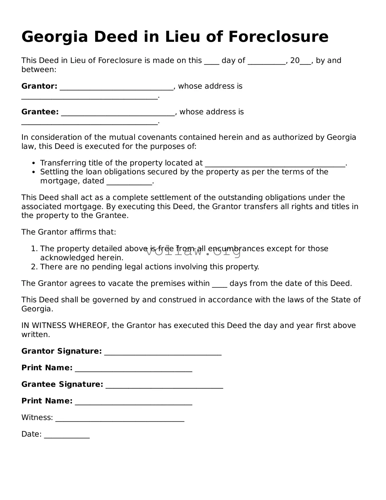 Attorney-Verified  Deed in Lieu of Foreclosure Form for Georgia
