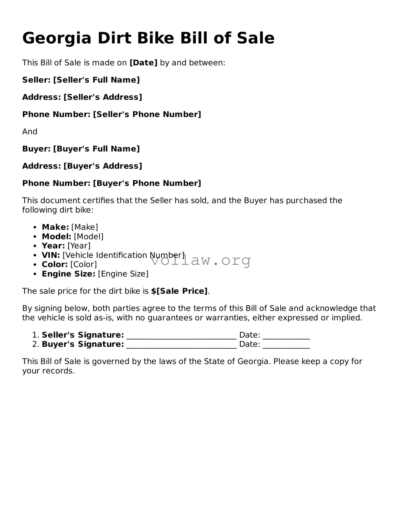 Attorney-Verified  Dirt Bike Bill of Sale Form for Georgia