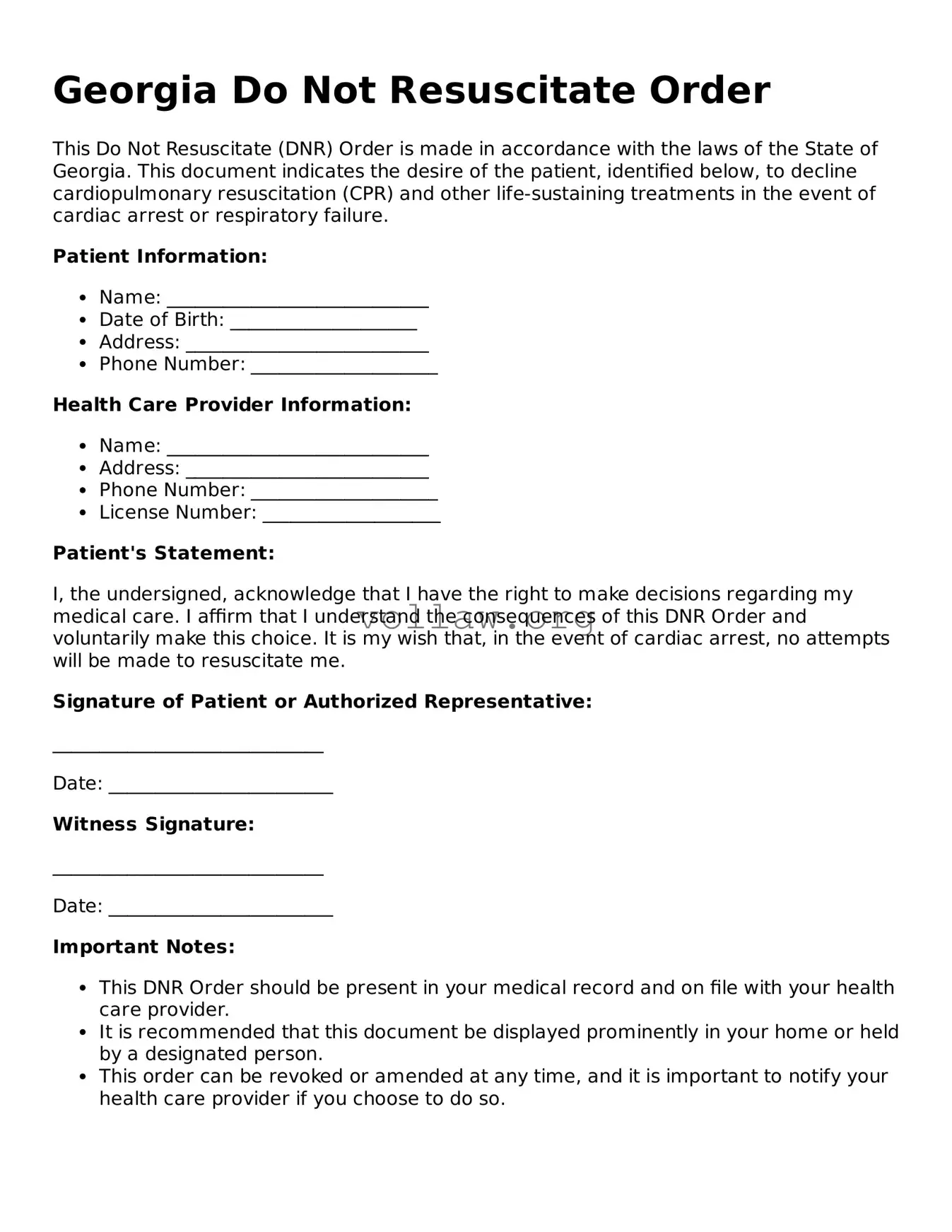 Attorney-Verified  Do Not Resuscitate Order Form for Georgia