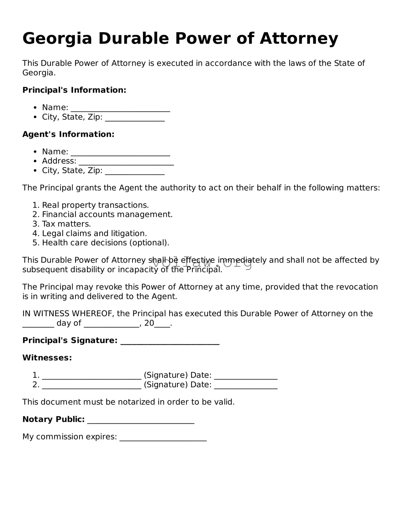 Attorney-Verified  Durable Power of Attorney Form for Georgia