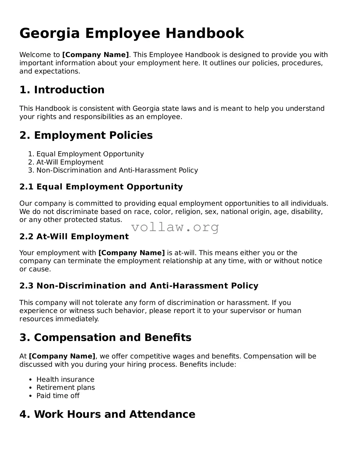 Attorney-Verified  Employee Handbook Form for Georgia