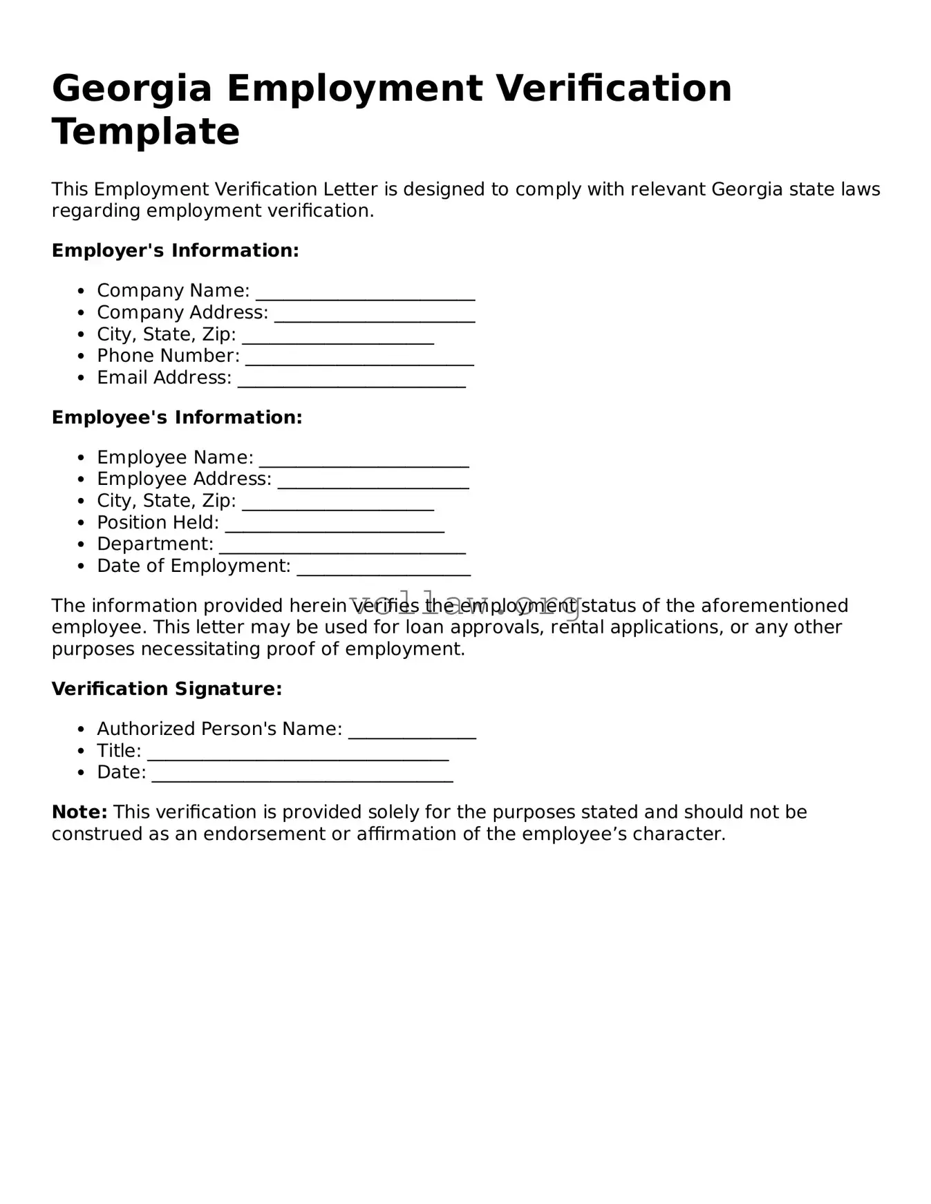 Attorney-Verified  Employment Verification Form for Georgia