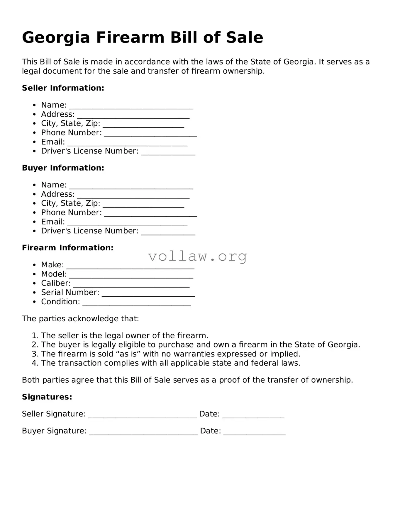 Attorney-Verified  Firearm Bill of Sale Form for Georgia