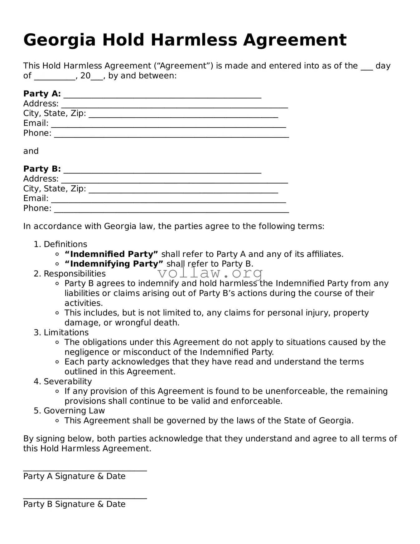 Attorney-Verified  Hold Harmless Agreement Form for Georgia
