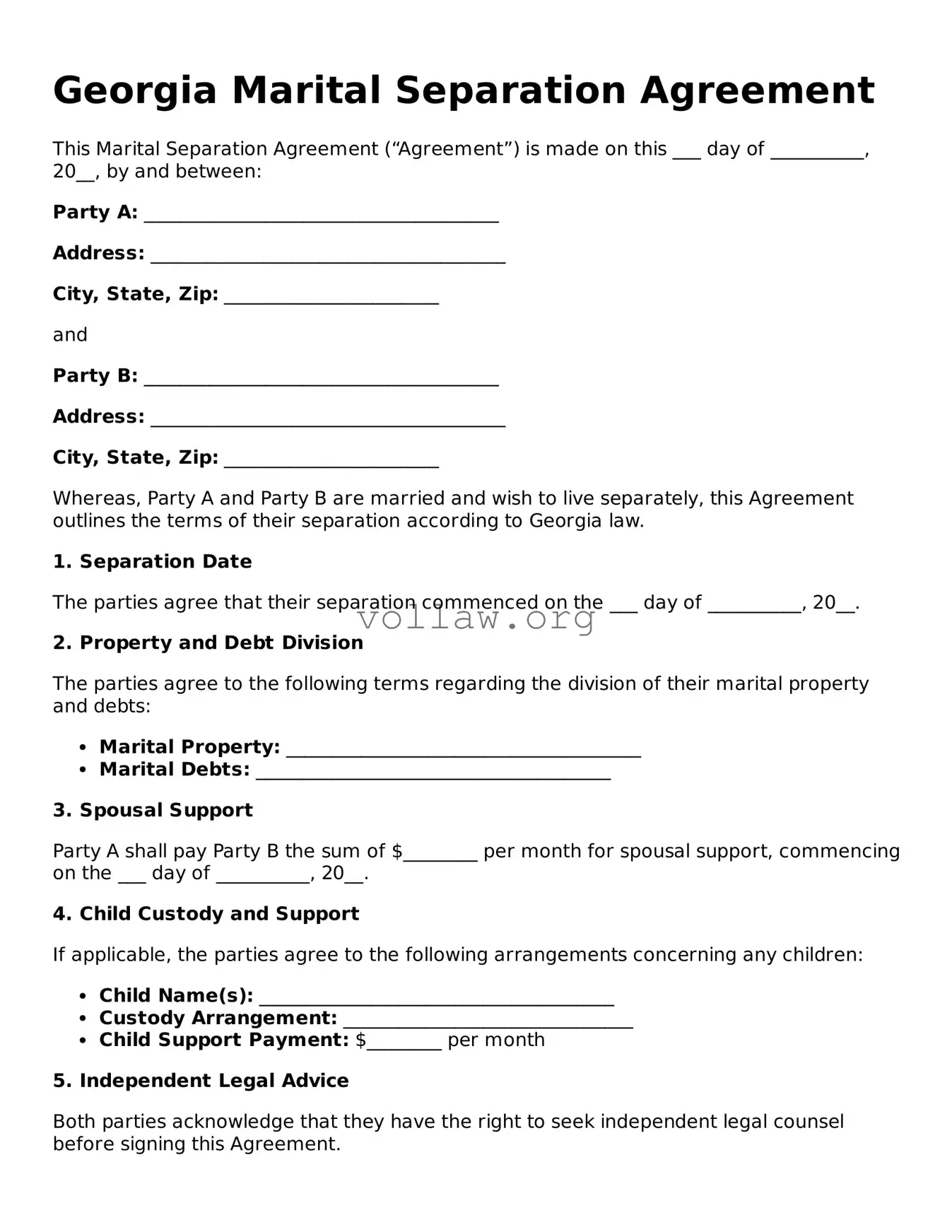 Attorney-Verified  Marital Separation Agreement Form for Georgia