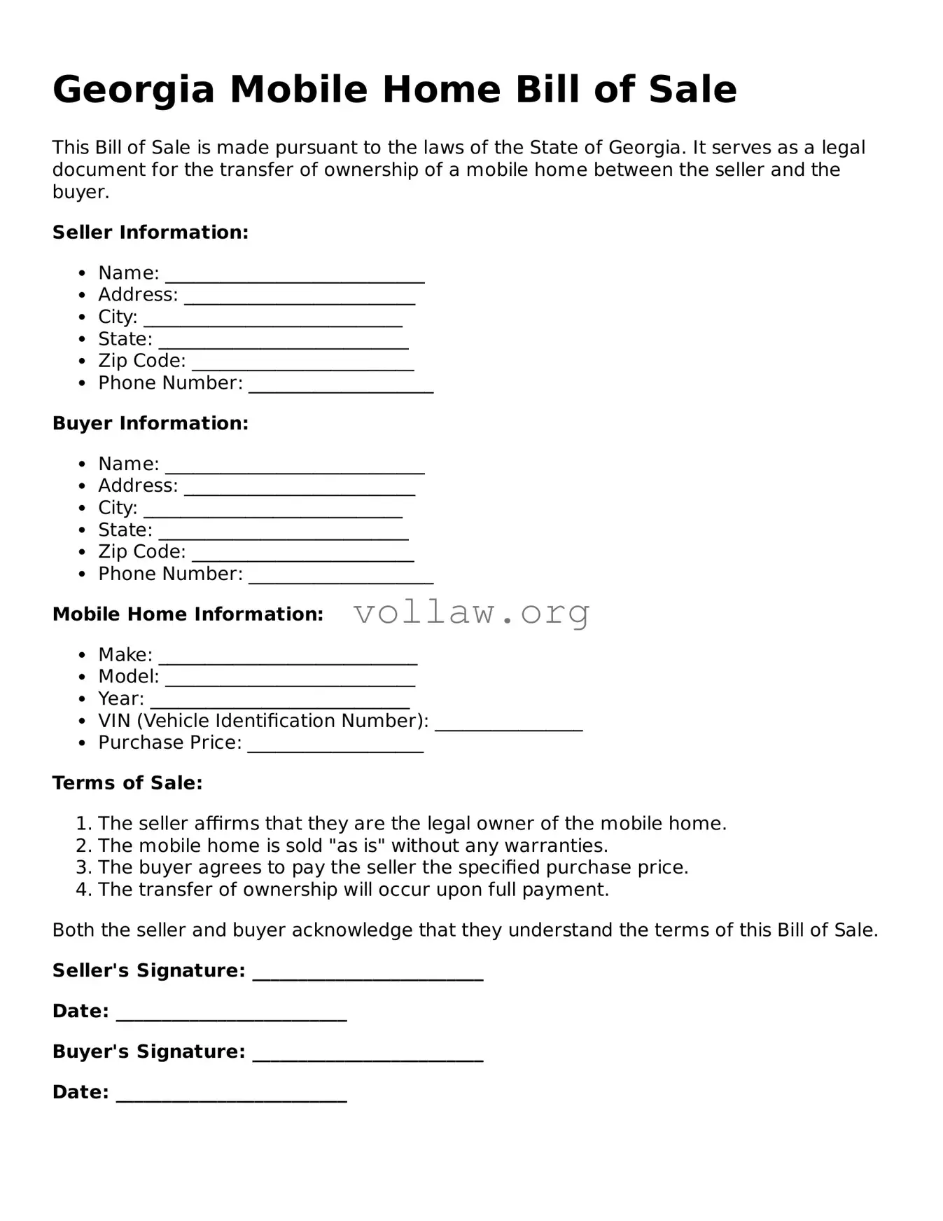 Attorney-Verified  Mobile Home Bill of Sale Form for Georgia