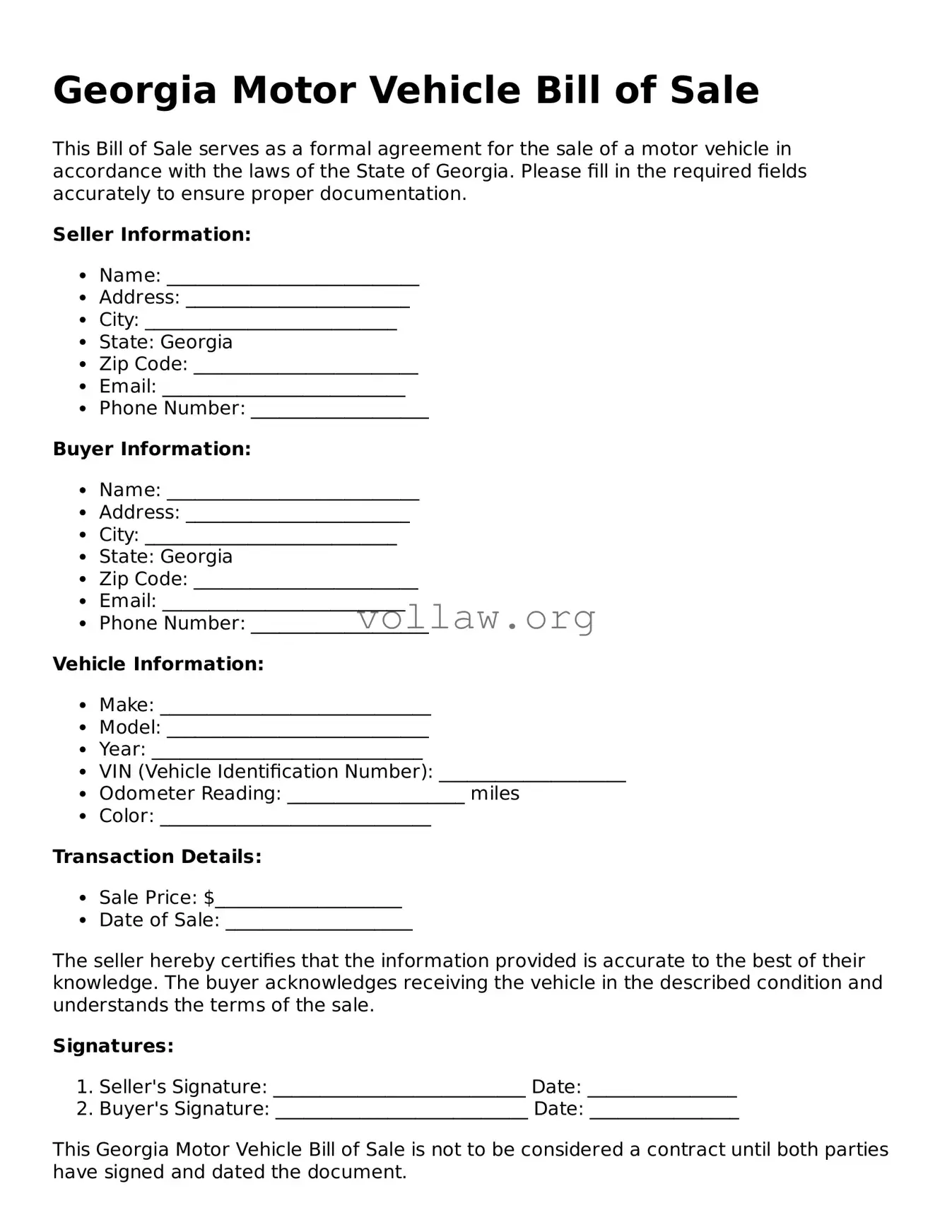 Attorney-Verified  Motor Vehicle Bill of Sale Form for Georgia