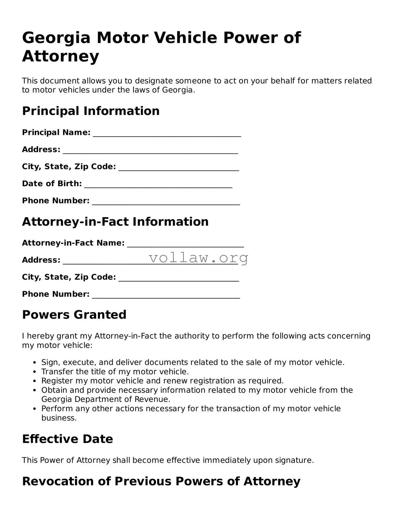 Attorney-Verified  Motor Vehicle Power of Attorney Form for Georgia