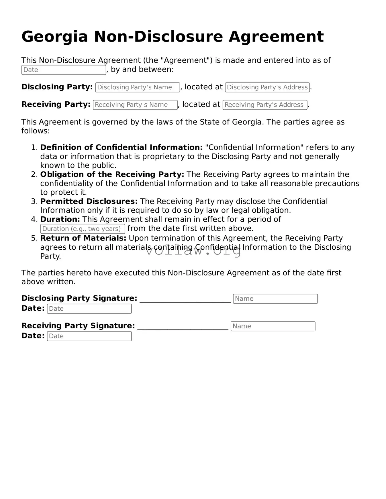 Attorney-Verified  Non-disclosure Agreement Form for Georgia