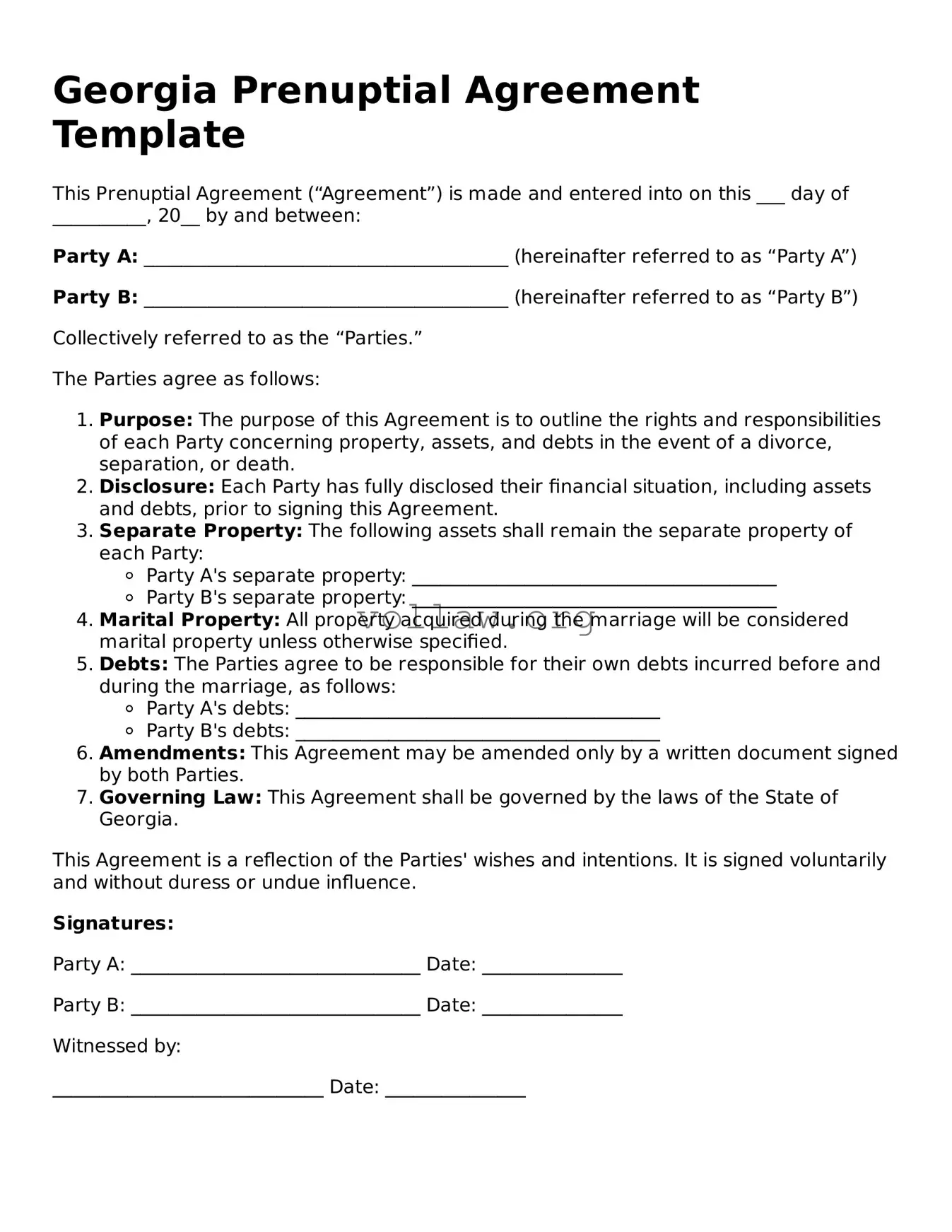 Attorney-Verified  Prenuptial Agreement Form for Georgia