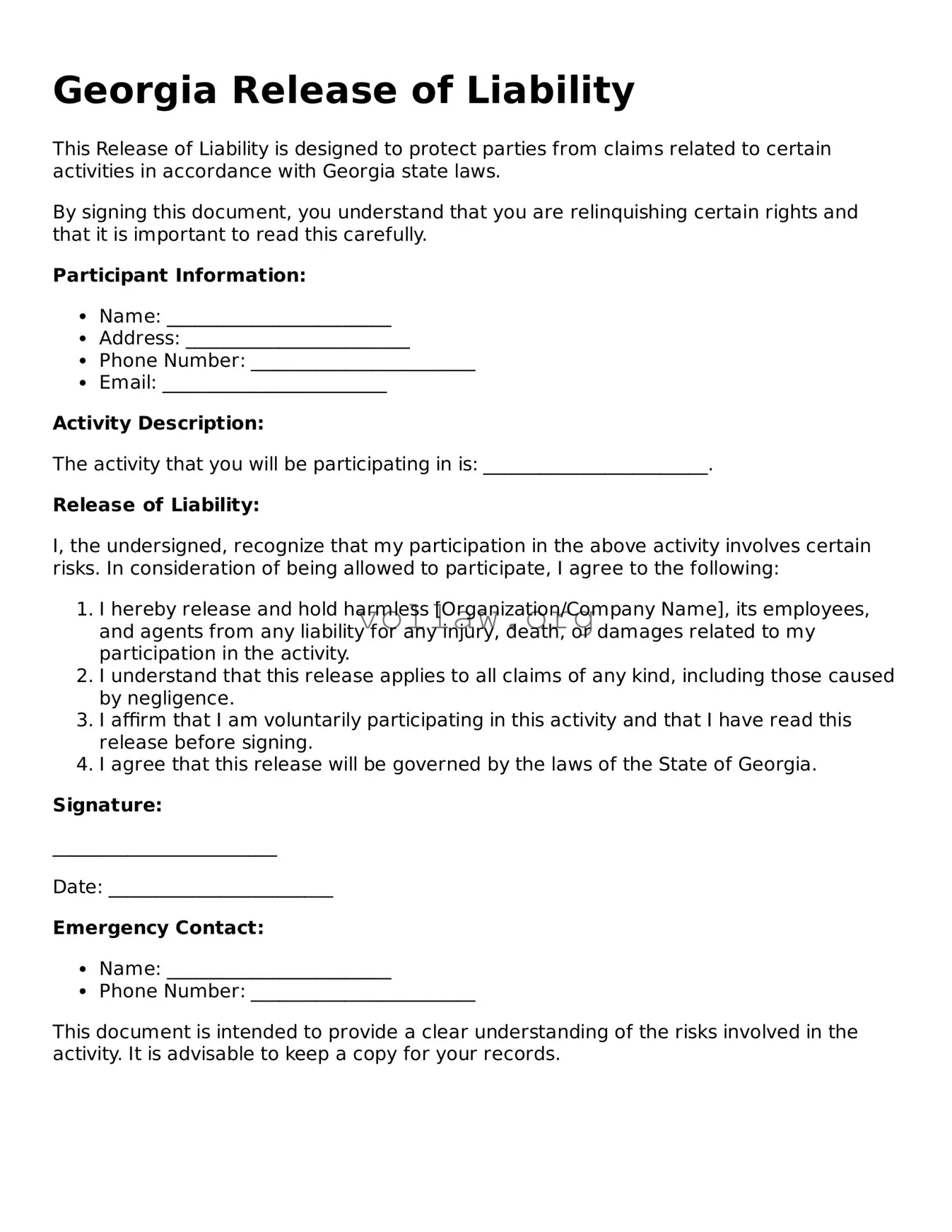 Attorney-Verified  Release of Liability Form for Georgia