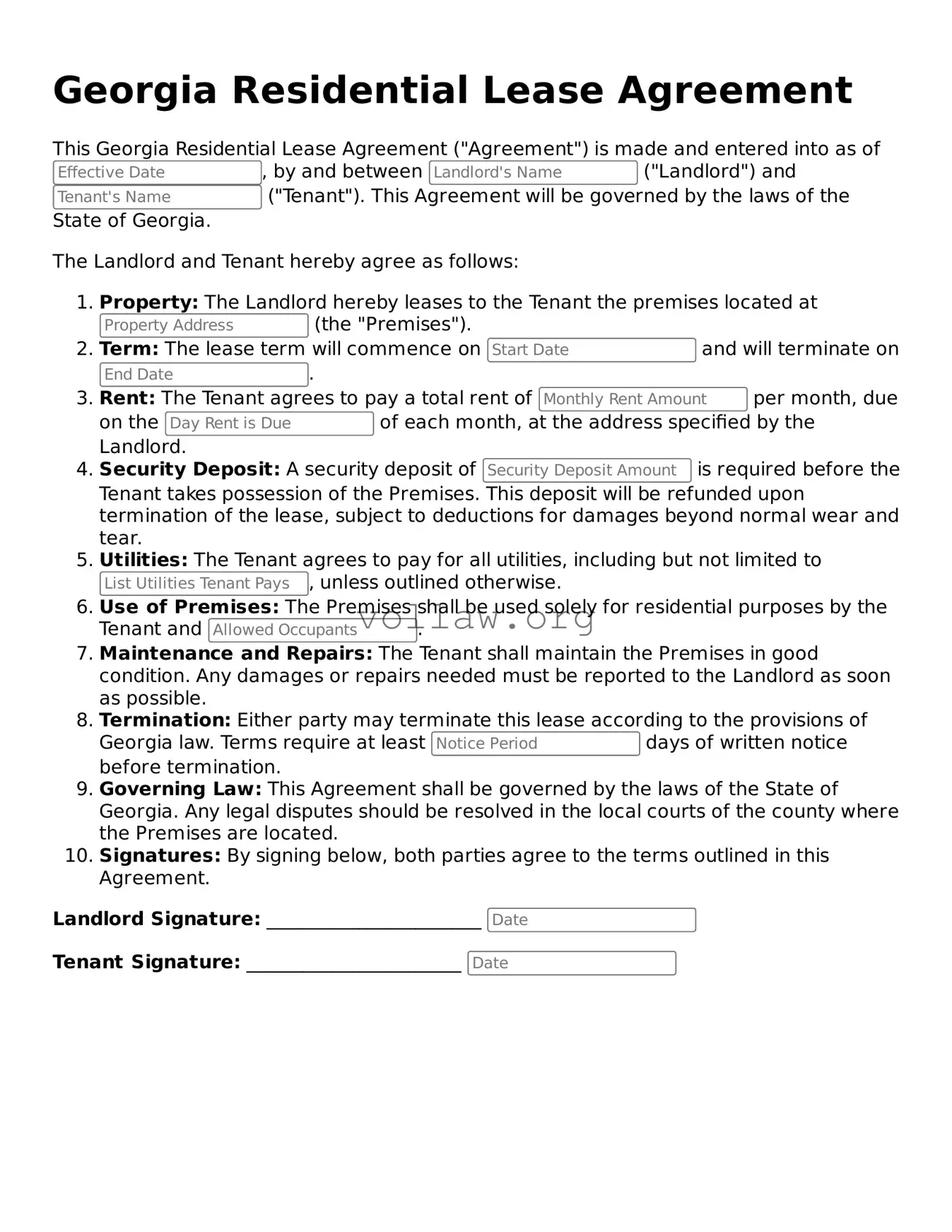 Attorney-Verified  Residential Lease Agreement Form for Georgia