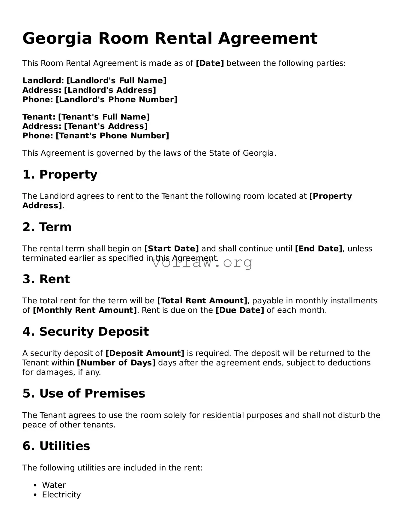 Attorney-Verified  Room Rental Agreement Form for Georgia