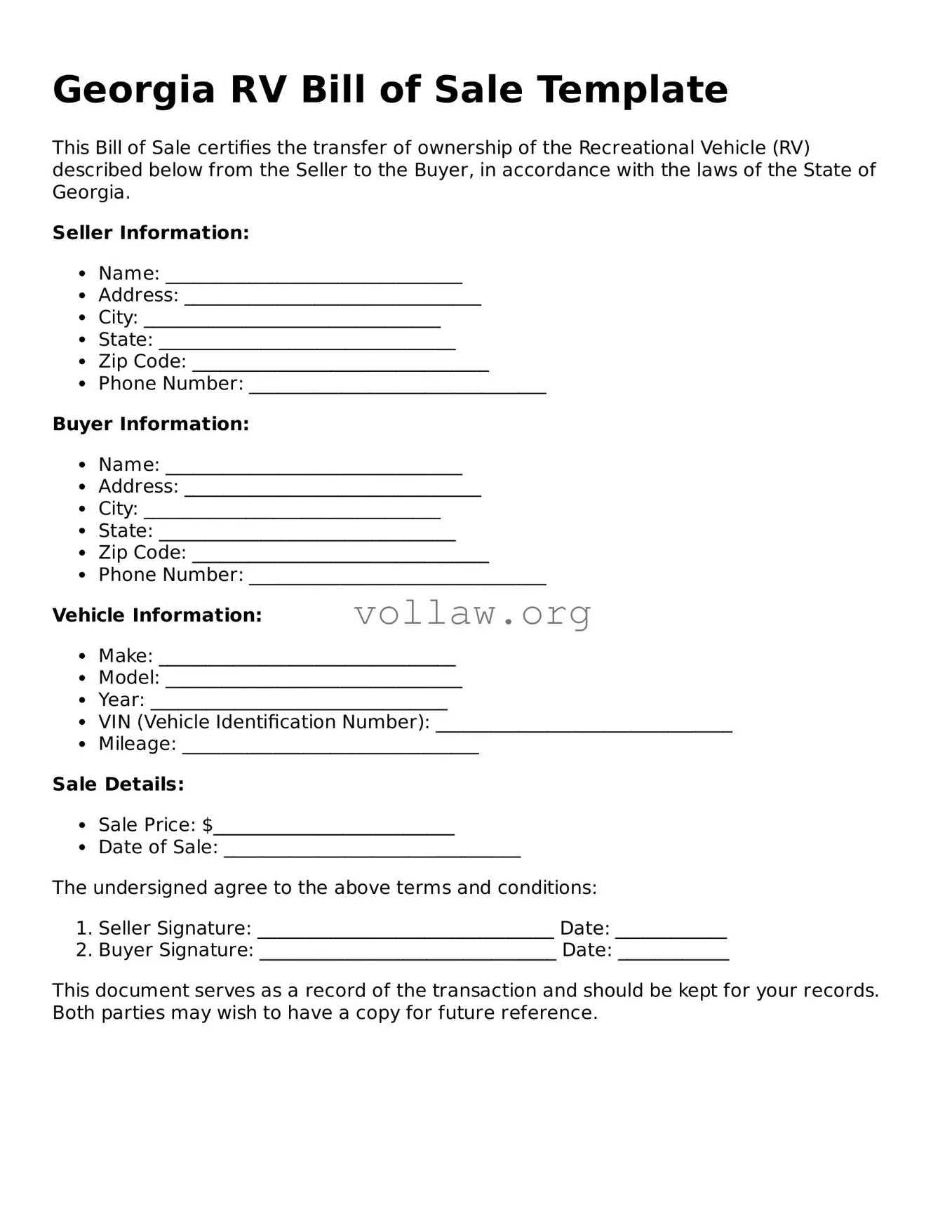 Attorney-Verified  RV Bill of Sale Form for Georgia