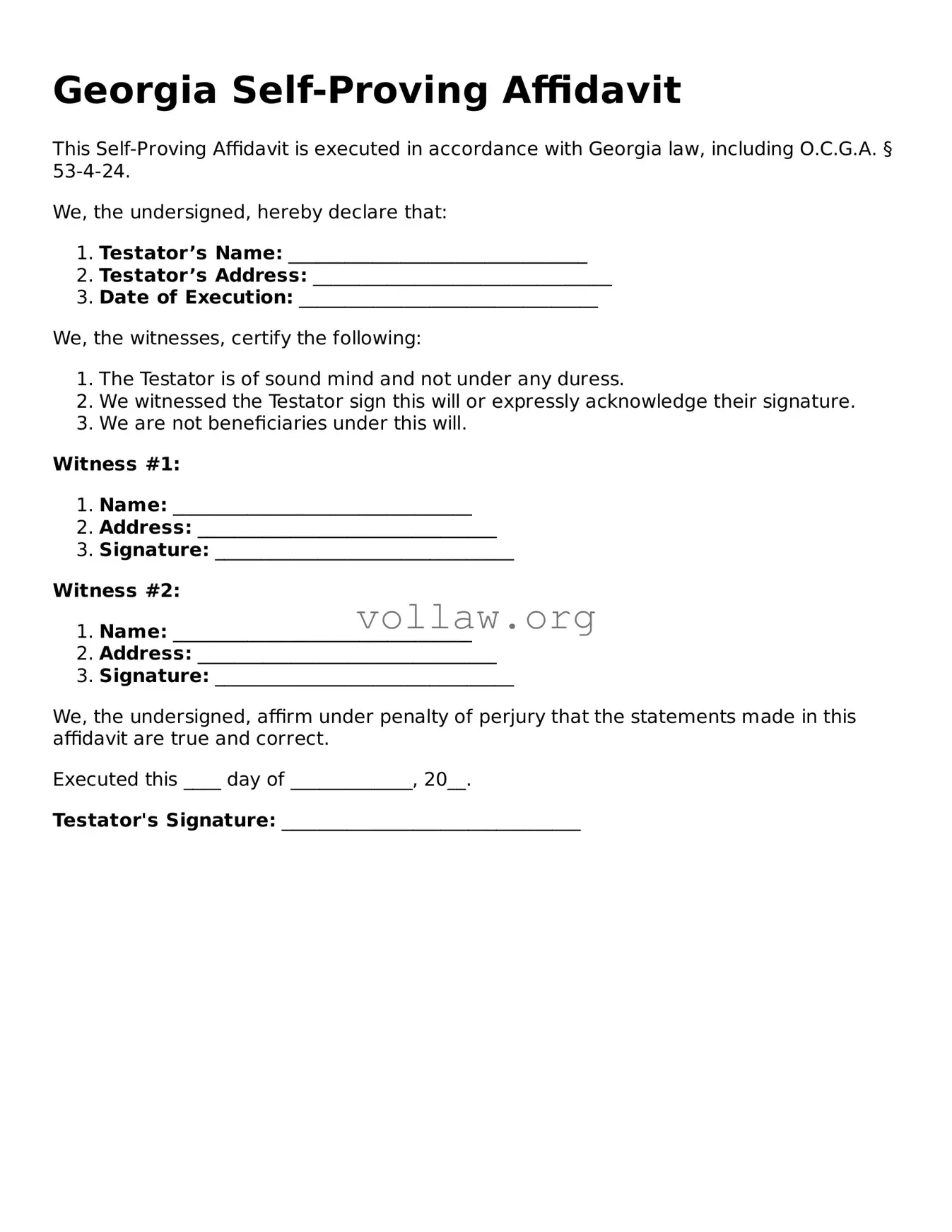 Attorney-Verified  Self-Proving Affidavit Form for Georgia