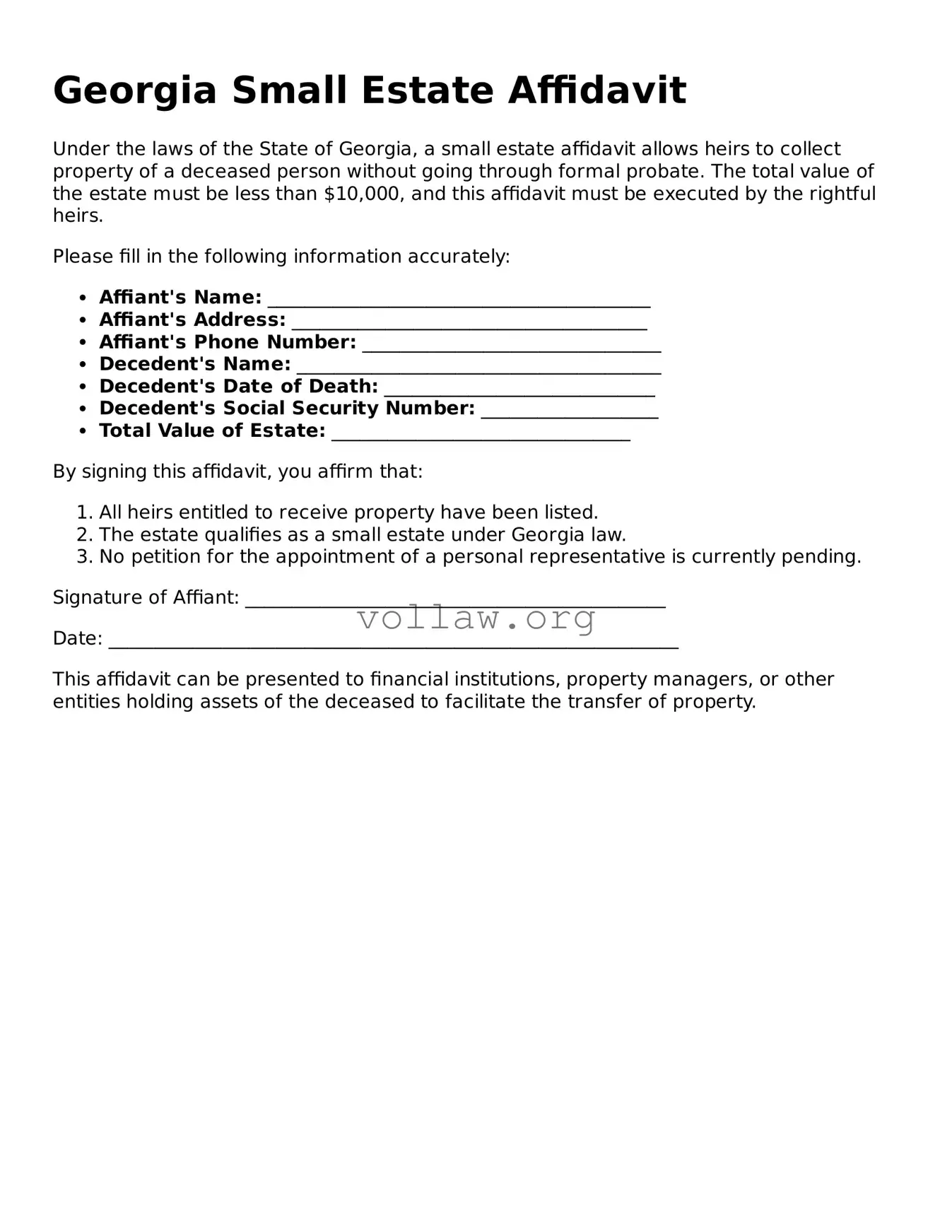 Attorney-Verified  Small Estate Affidavit Form for Georgia