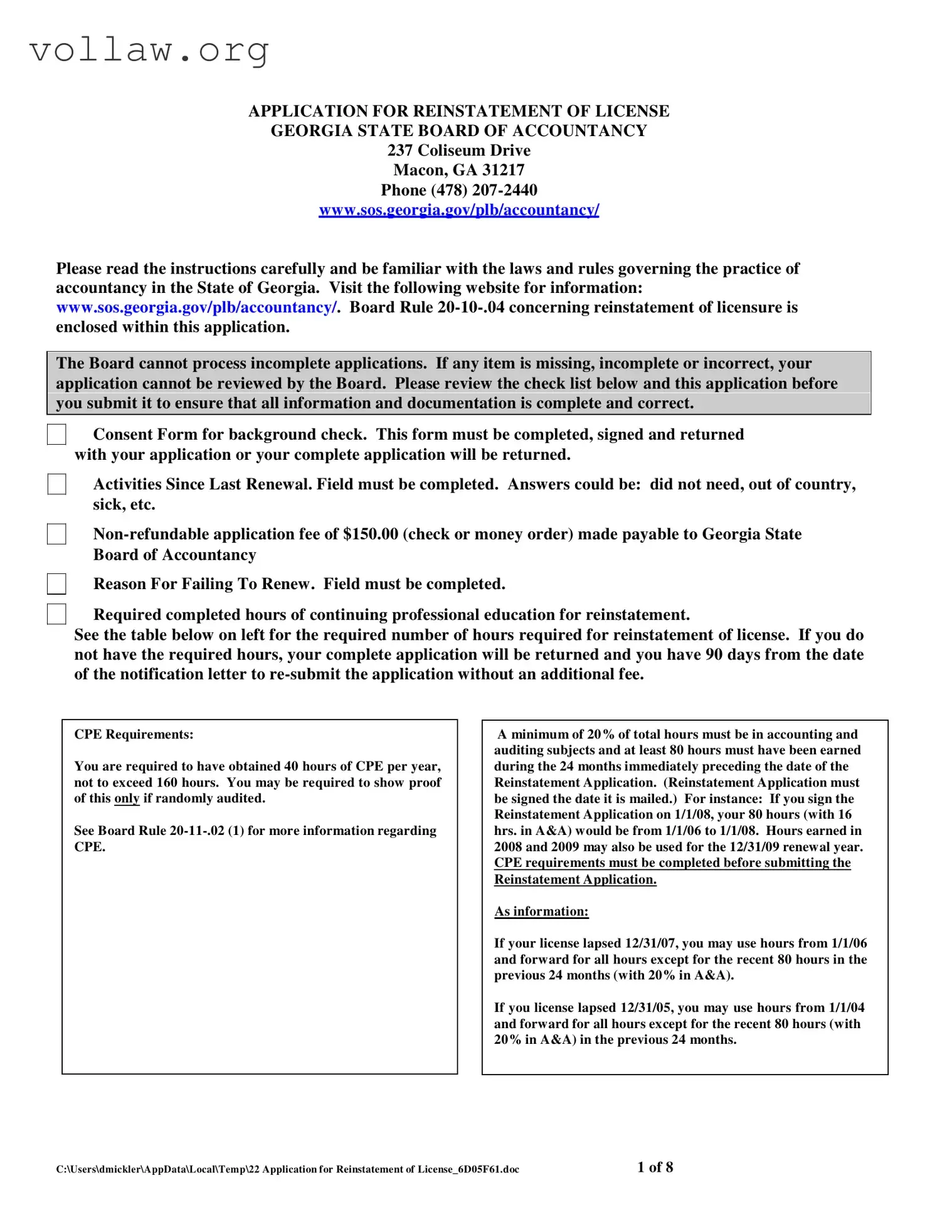 Georgia Reinstatement Nursing Template