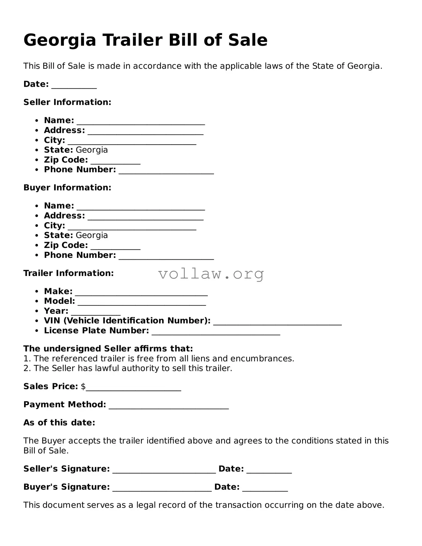Attorney-Verified  Trailer Bill of Sale Form for Georgia