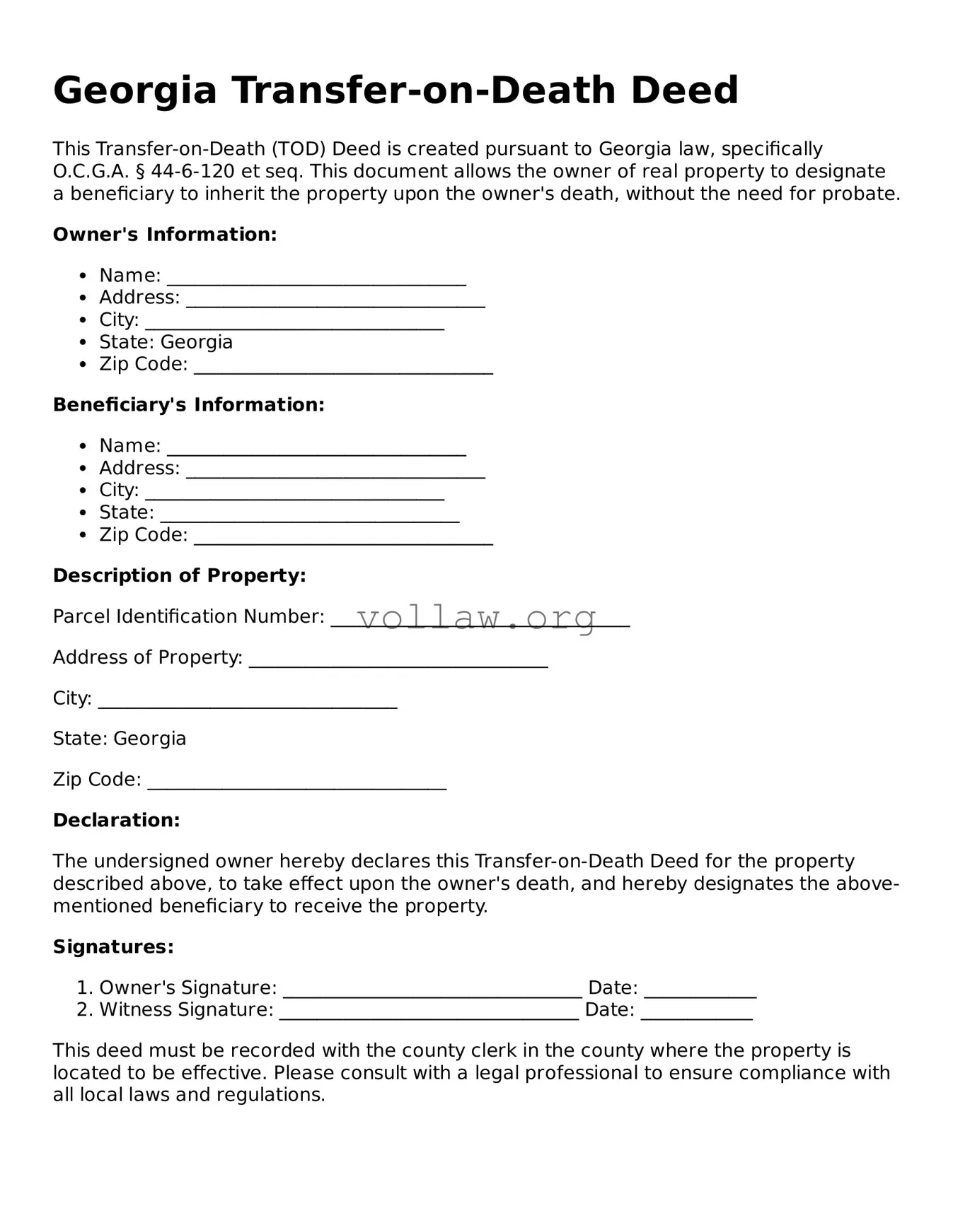 Attorney-Verified  Transfer-on-Death Deed Form for Georgia