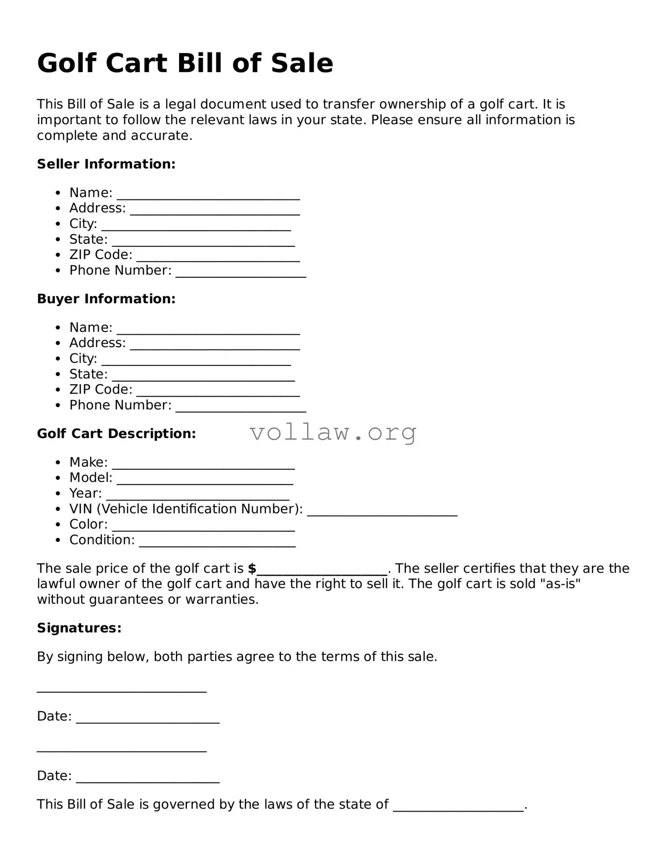 Free Golf Cart Bill of Sale Form